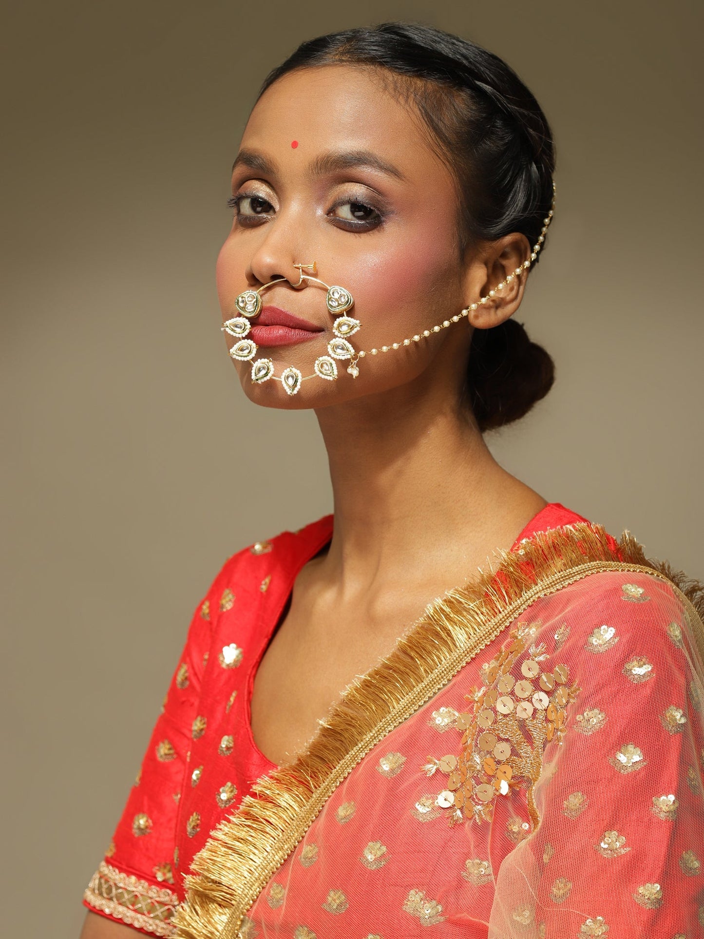 White Gold-Toned Plated Kundan Vilandi Chained Nose Ring - Ruby Raang | Swadesiicart