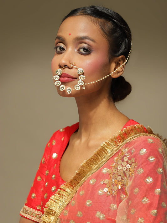 White Gold-Toned Plated Kundan Vilandi Chained Nose Ring - Ruby Raang | Swadesiicart
