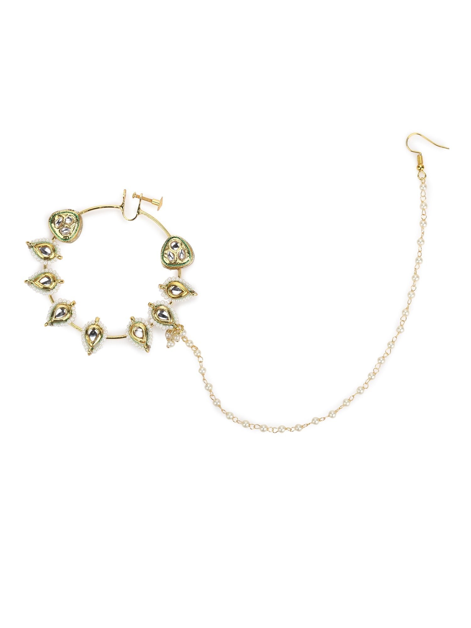 White Gold-Toned Plated Kundan Vilandi Chained Nose Ring - Ruby Raang | Swadesiicart