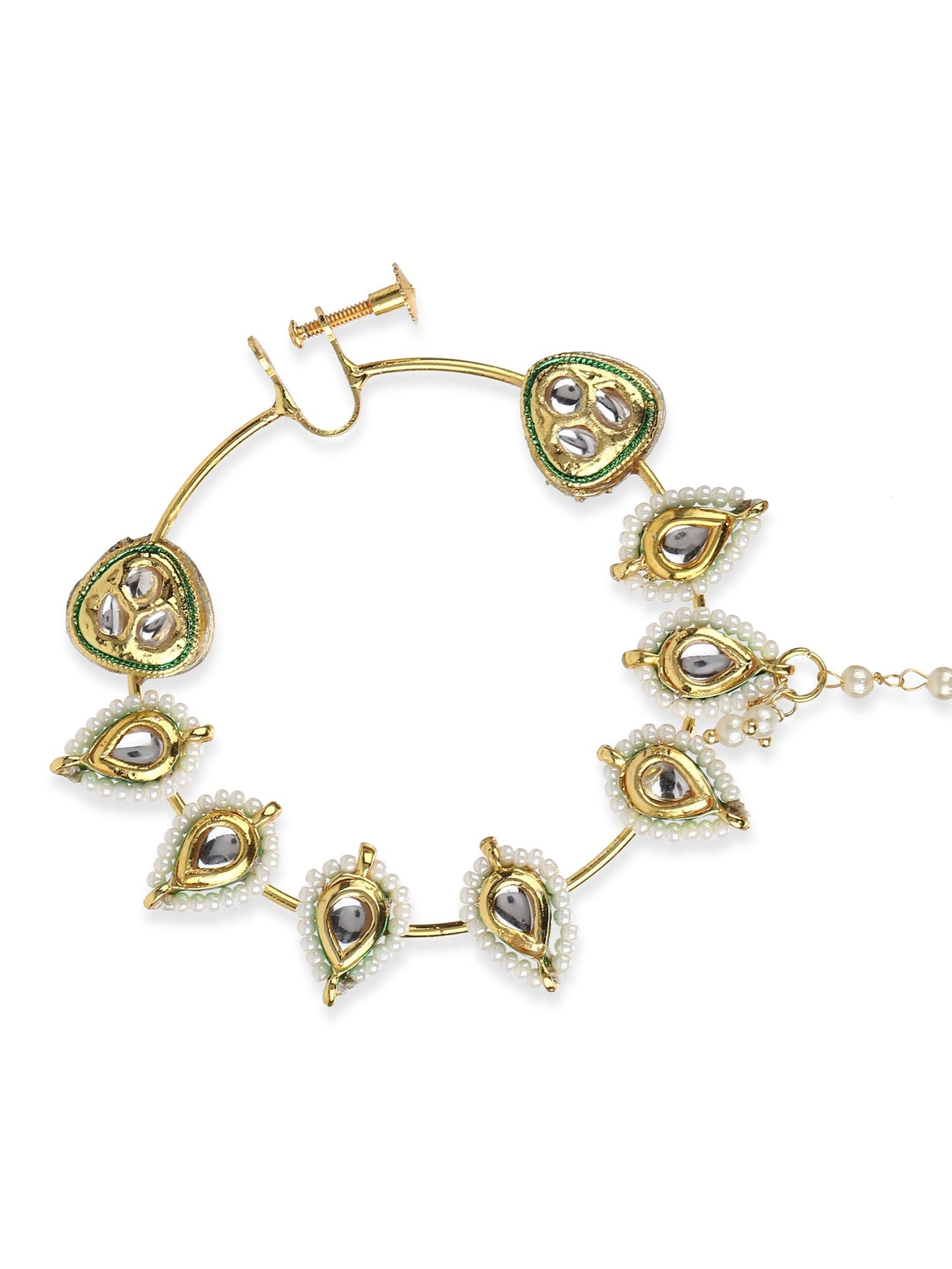 White Gold-Toned Plated Kundan Vilandi Chained Nose Ring - Ruby Raang | Swadesiicart
