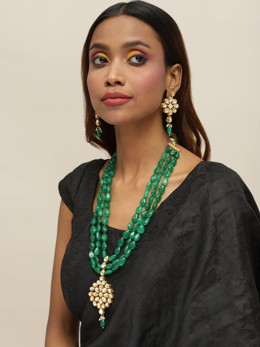 Green Gold-Polished Long Kundan Jewellery Set - Ruby Raang - Ruby Raang Studio
