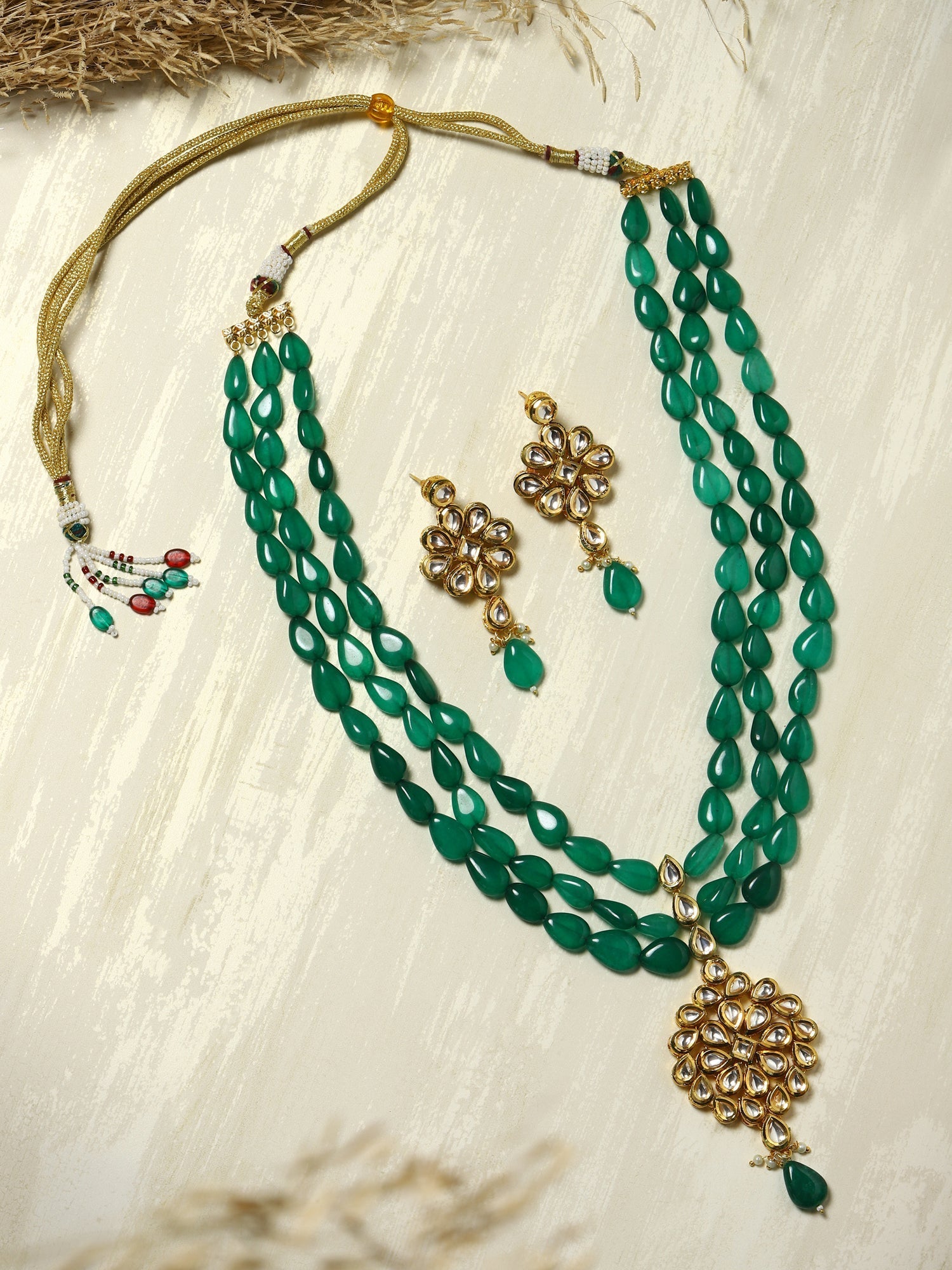 Green Gold-Polished Long Kundan Jewellery Set - Ruby Raang - Swadesiicart