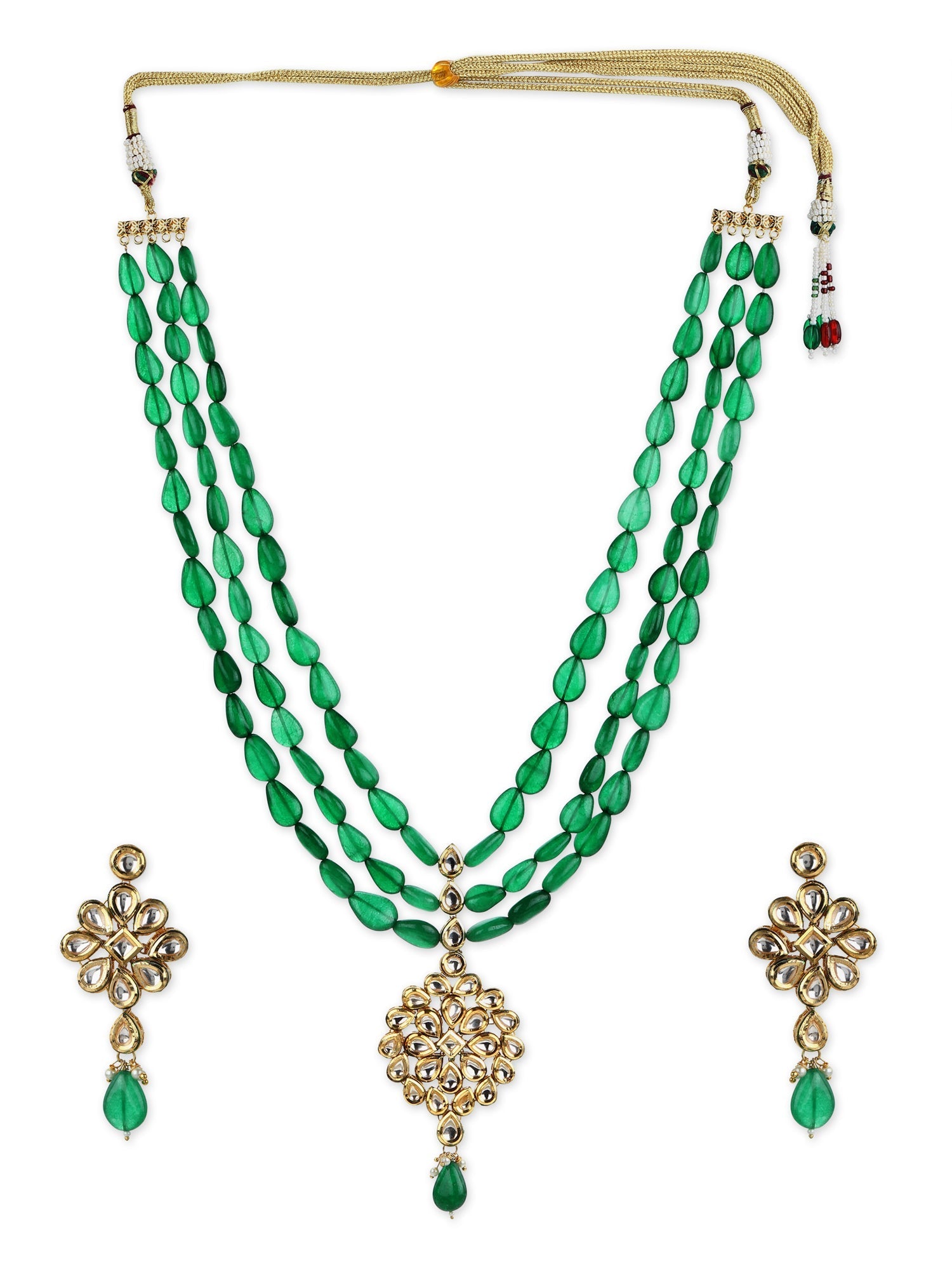 Green Gold-Polished Long Kundan Jewellery Set - Ruby Raang - Swadesiicart