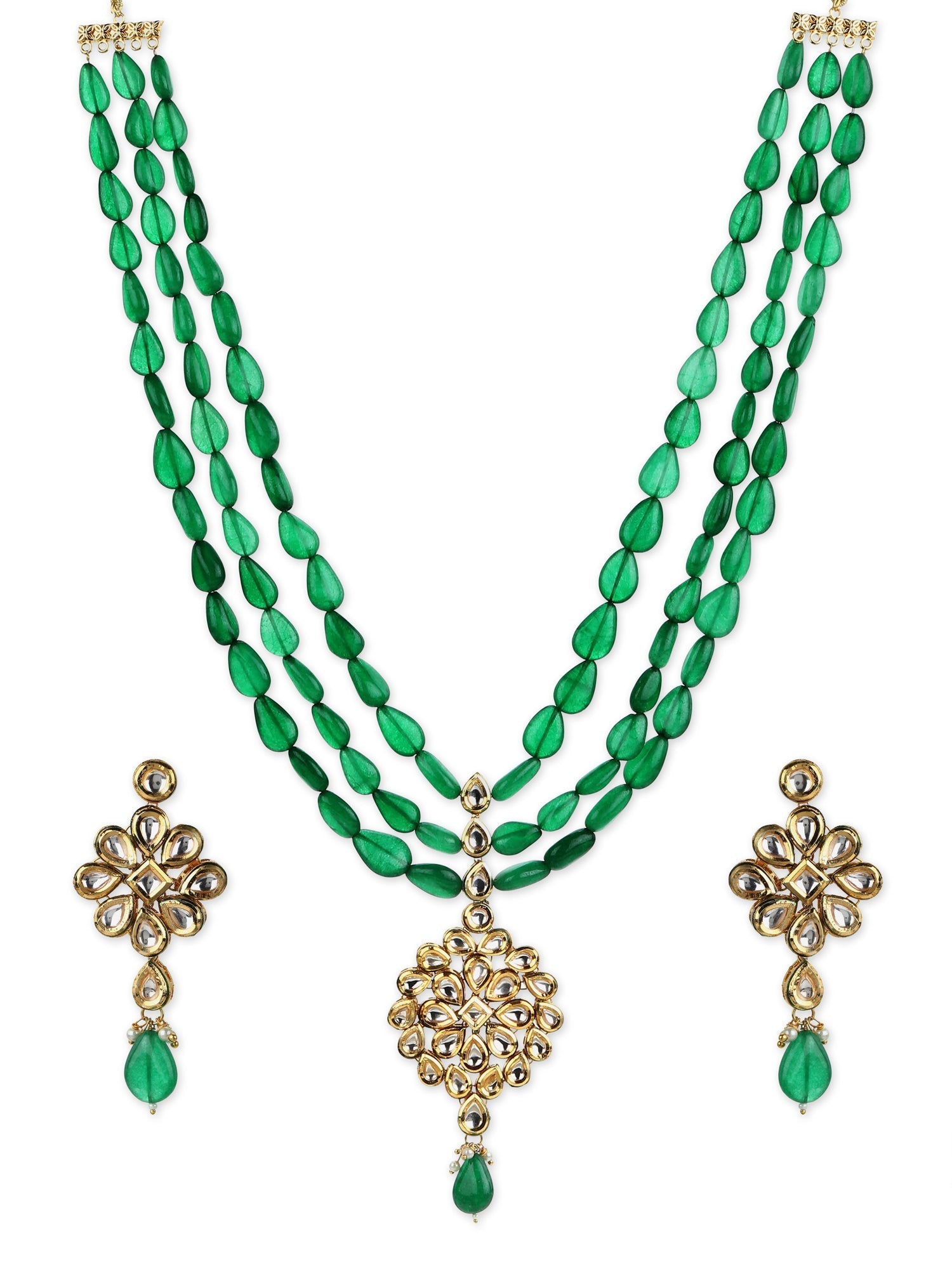 Green Gold-Polished Long Kundan Jewellery Set - Ruby Raang - Swadesiicart