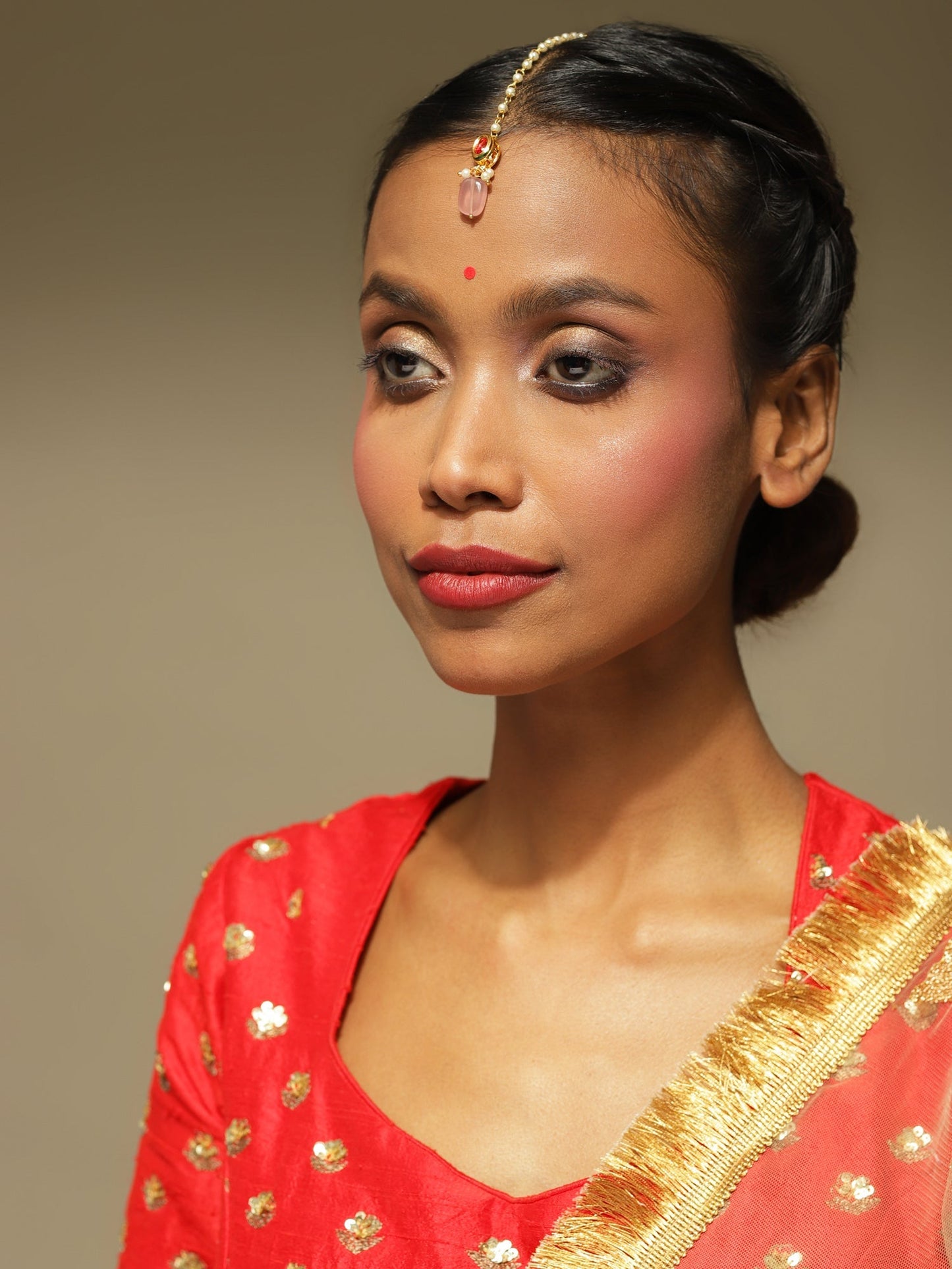 Gold-Polished Red Kundan-Studded Handcrafted Maang Tikka - Ruby Raang | Swadesiicart