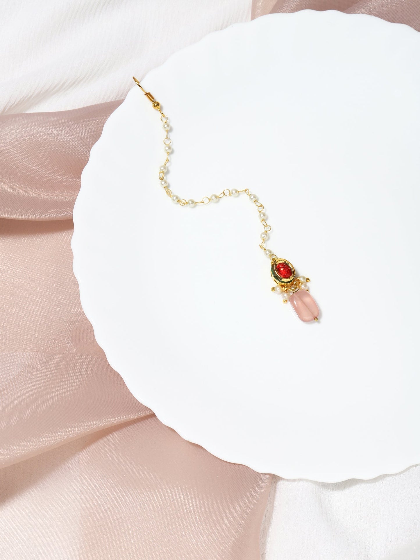 Gold-Polished Red Kundan-Studded Handcrafted Maang Tikka - Ruby Raang | Swadesiicart