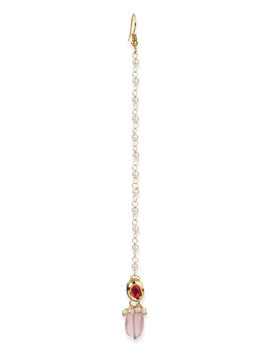 Gold-Polished Red Kundan-Studded Handcrafted Maang Tikka - Ruby Raang | Swadesiicart