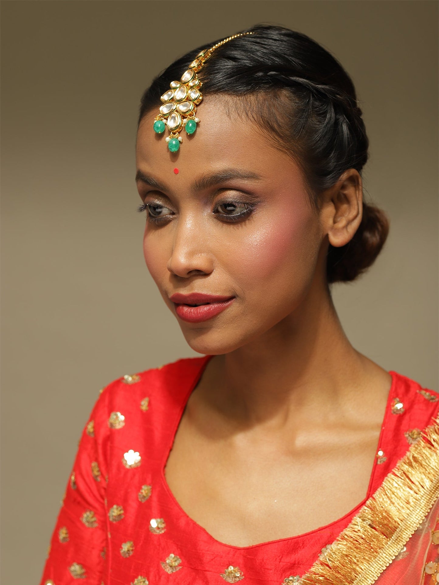 Gold-Polished Green White Kundan-Studded Maang Tikka - Ruby Raang | Swadesiicart