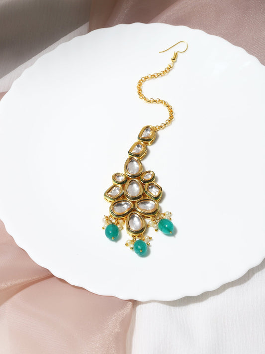 Gold-Polished Green White Kundan-Studded Maang Tikka - Ruby Raang | Swadesiicart