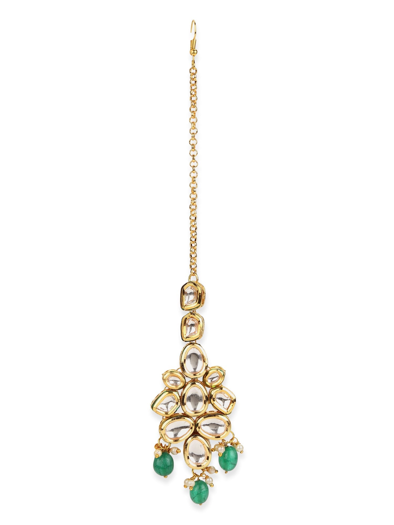 Gold-Polished Green White Kundan-Studded Maang Tikka - Ruby Raang | Swadesiicart