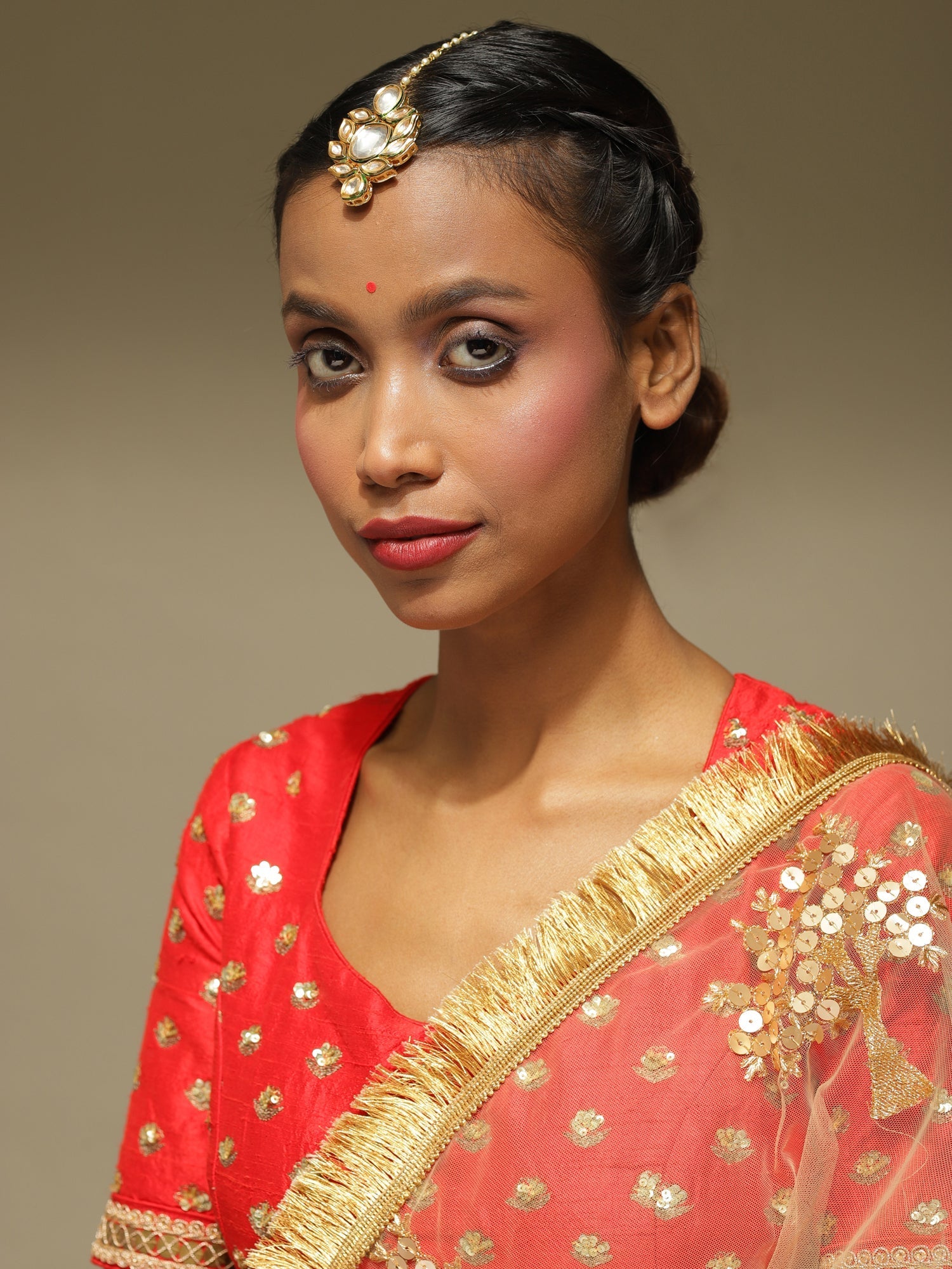 Gold-Polished Kundan Maang Tikka - Ruby Raang | Swadesiicart