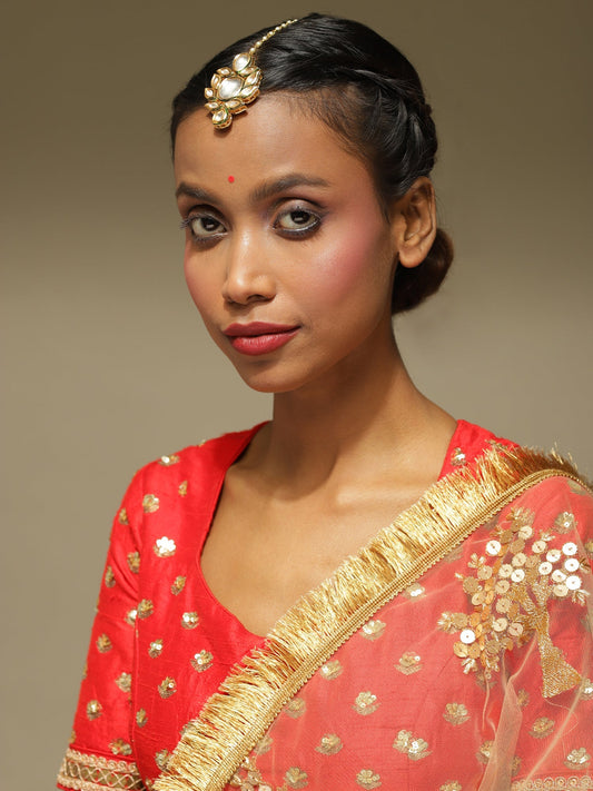 Gold-Polished Kundan Maang Tikka - Ruby Raang | Swadesiicart
