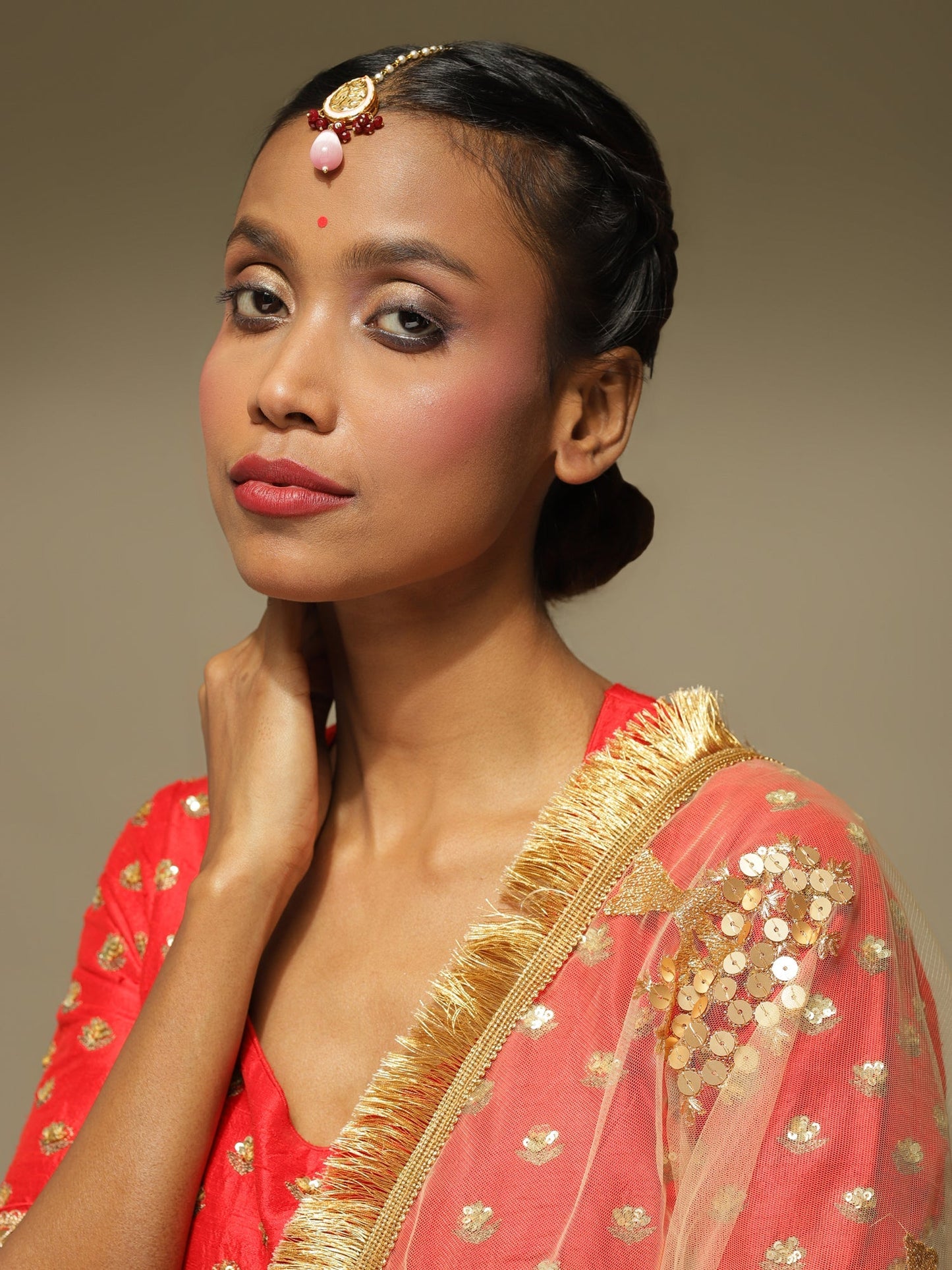 Pink Gold-Polished Kundan Studded Maang Tikka - Ruby Raang | Swadesiicart