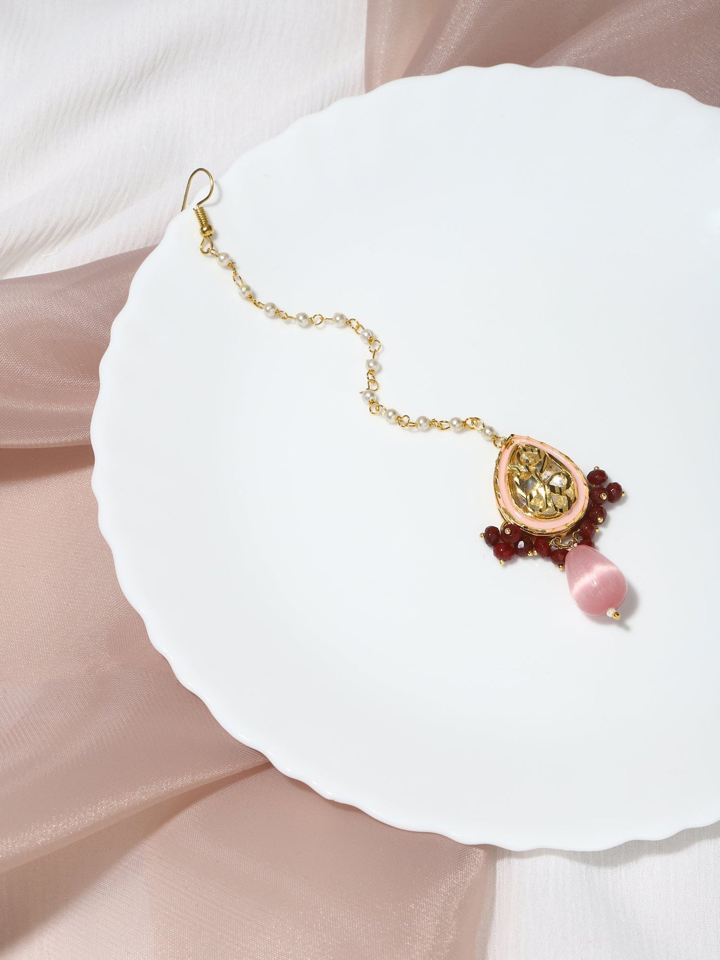 Pink Gold-Polished Kundan Studded Maang Tikka - Ruby Raang | Swadesiicart