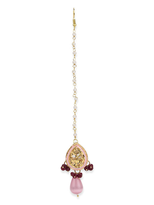 Pink Gold-Polished Kundan Studded Maang Tikka - Ruby Raang | Swadesiicart