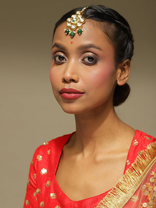 Gold-Polished Green Kundan-Studded Maang Tikka - Ruby Raang | Swadesiicart