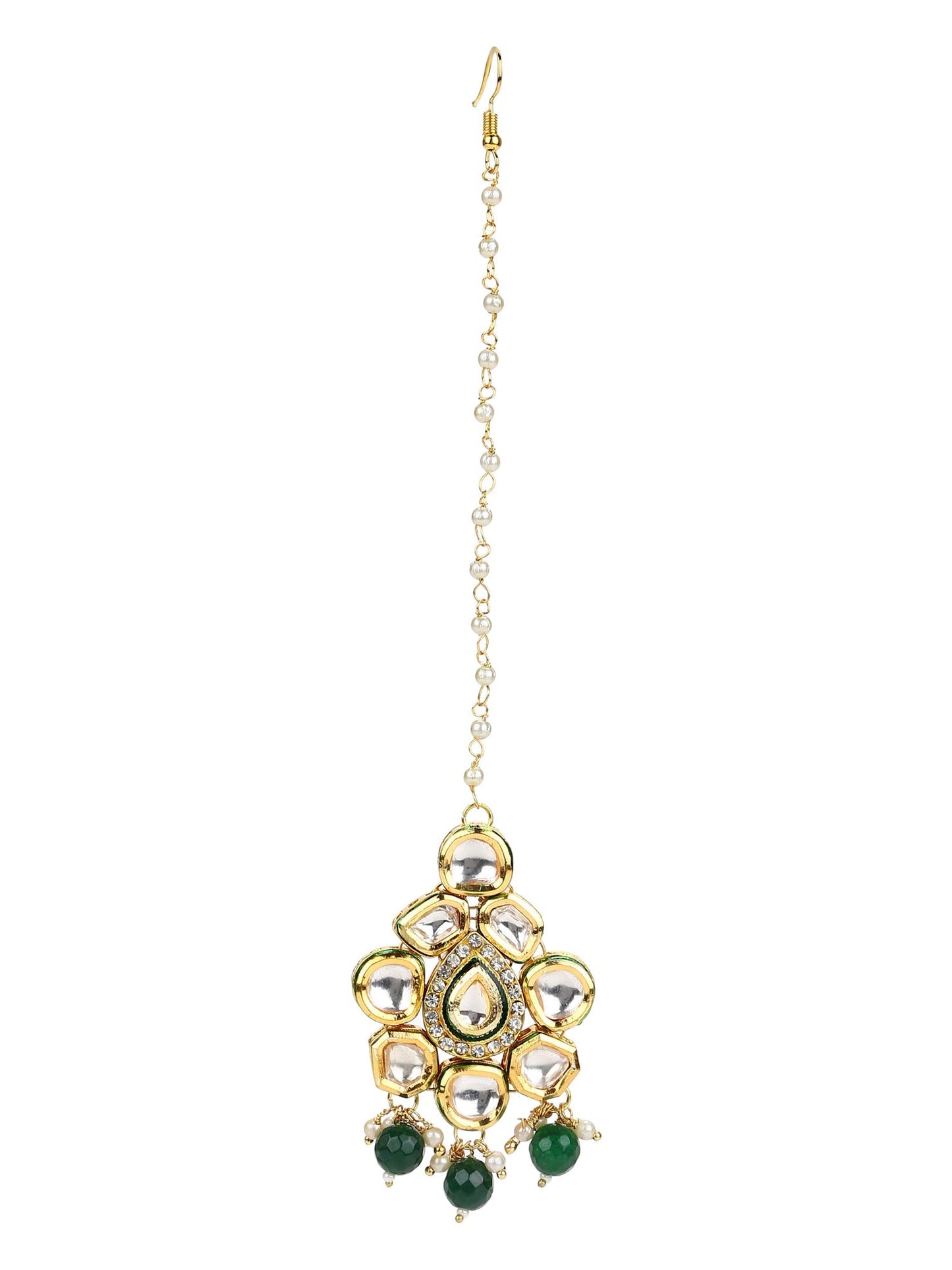 Gold-Polished Green Kundan-Studded Maang Tikka - Ruby Raang | Swadesiicart