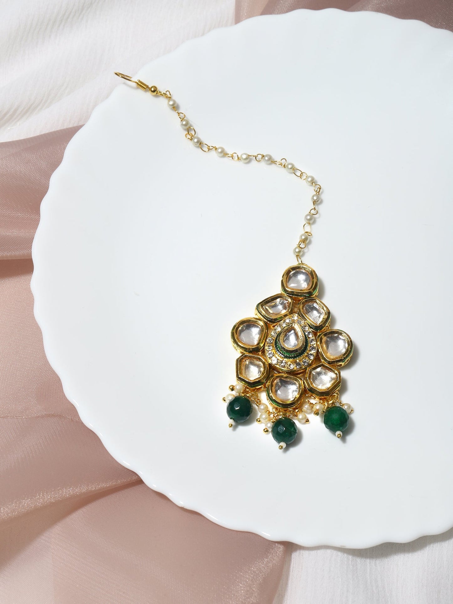 Gold-Polished Green Kundan-Studded Maang Tikka - Ruby Raang | Swadesiicart