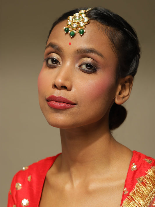 Gold-Polished Green Kundan-Studded Maang Tikka - Ruby Raang | Swadesiicart