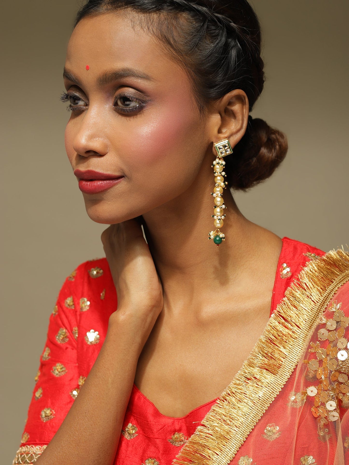 Cream-Coloured Green Gold-Polished Kundan Studded Contemporary Drop Earrings - Ruby Raang | Swadesiicart