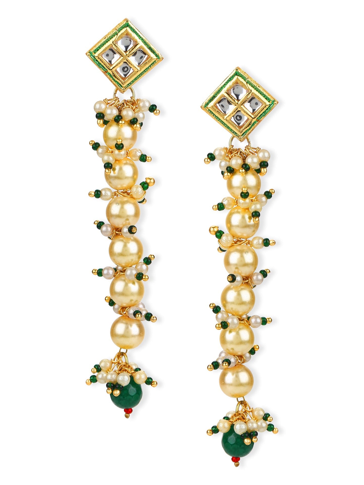 Cream-Coloured Green Gold-Polished Kundan Studded Contemporary Drop Earrings - Ruby Raang | Swadesiicart