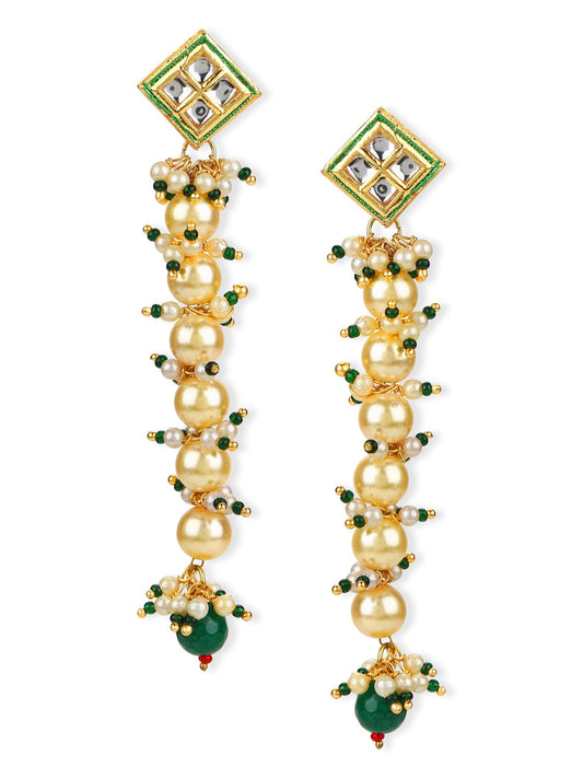 Cream-Coloured Green Gold-Polished Kundan Studded Contemporary Drop Earrings - Ruby Raang | Swadesiicart