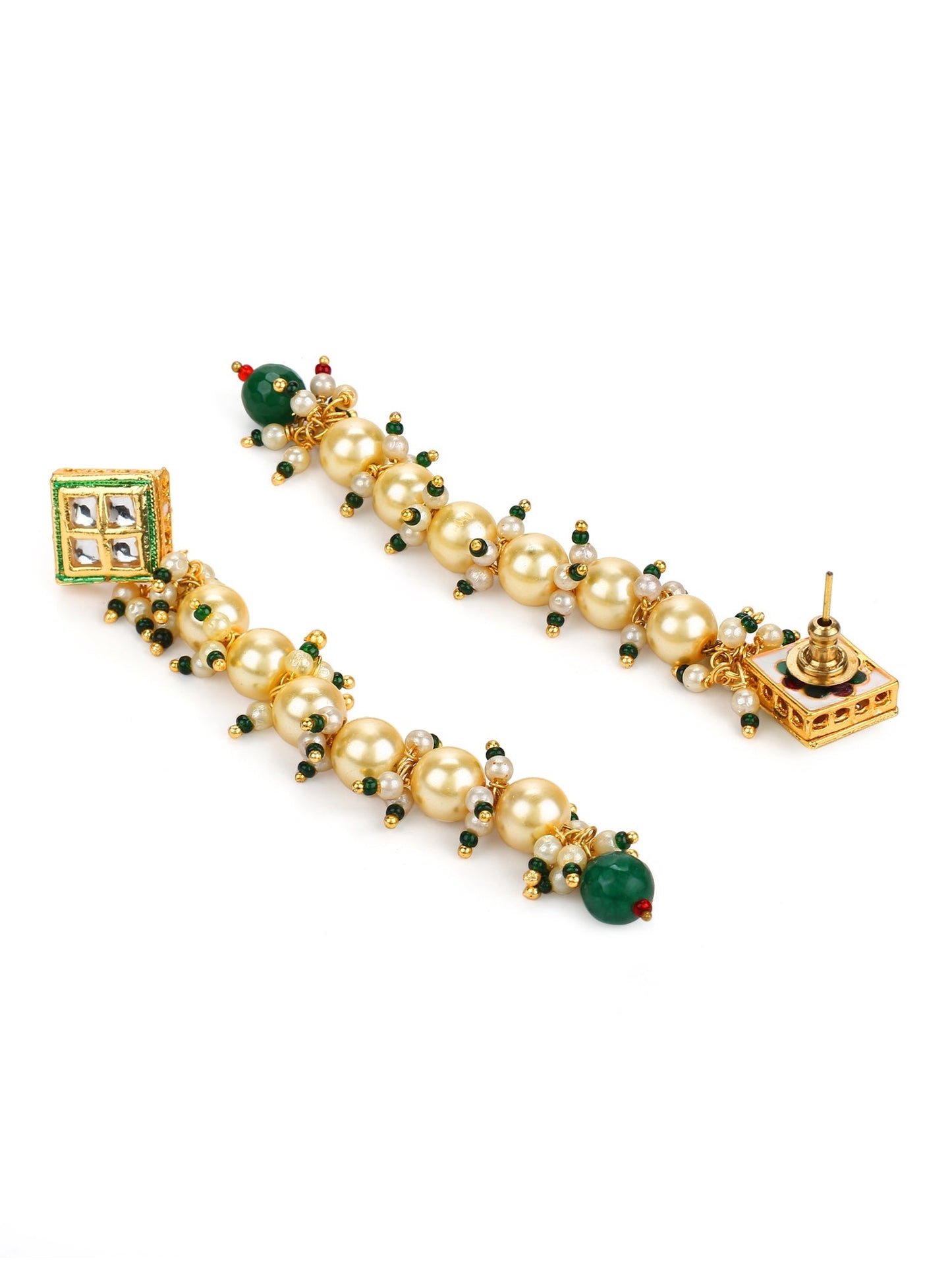 Cream-Coloured Green Gold-Polished Kundan Studded Contemporary Drop Earrings - Ruby Raang | Swadesiicart