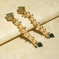 Cream-Coloured Green Gold-Polished Kundan Studded Contemporary Drop Earrings - Ruby Raang | Swadesiicart
