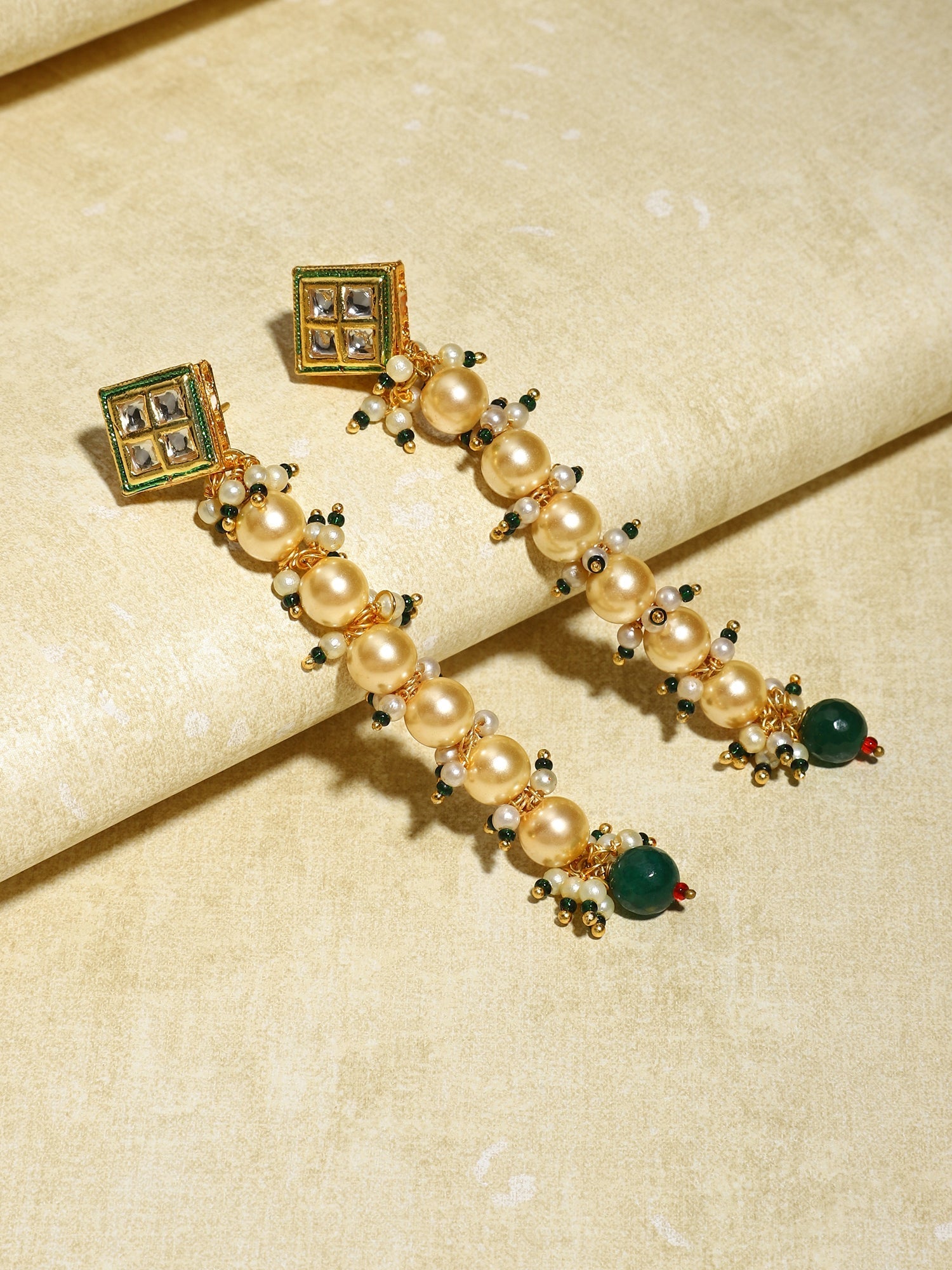 Cream-Coloured Green Gold-Polished Kundan Studded Contemporary Drop Earrings - Ruby Raang | Swadesiicart