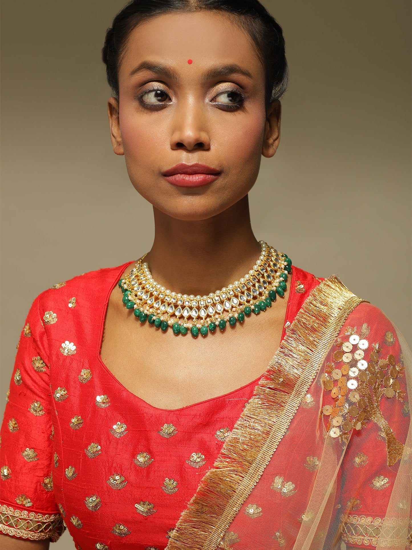 Gold-Polished Green Kundan Studded Brass Necklace - Ruby Raang | Swadesiicart