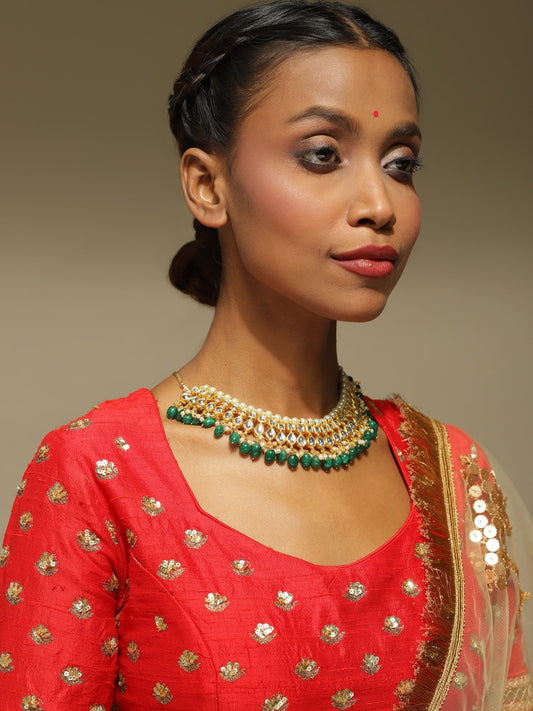 Gold-Polished Green Kundan Studded Brass Necklace - Ruby Raang | Swadesiicart
