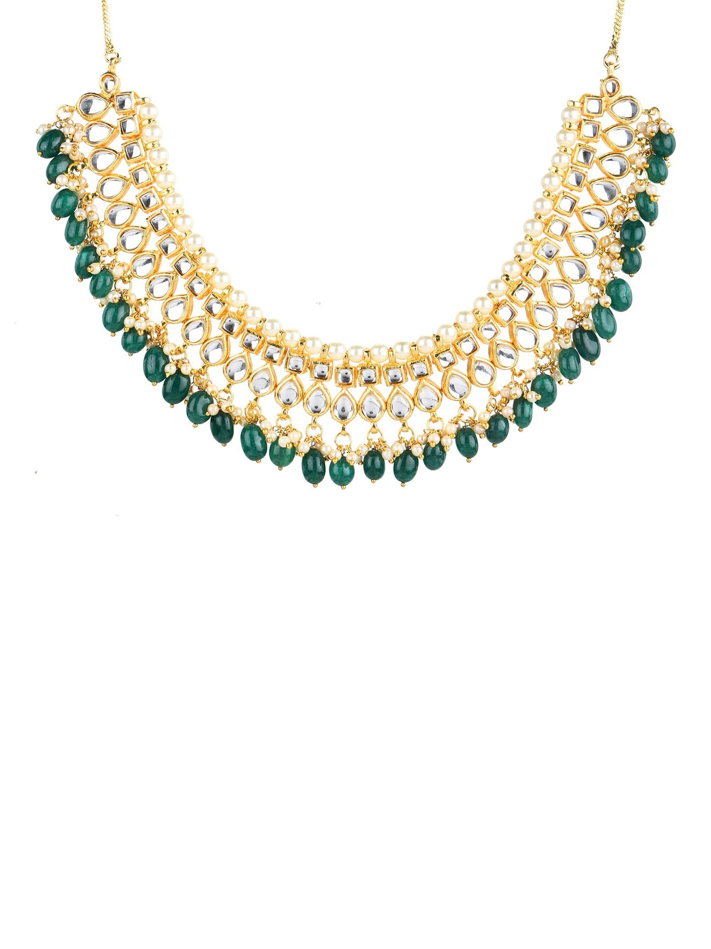 Gold-Polished Green Kundan Studded Brass Necklace - Ruby Raang | Swadesiicart