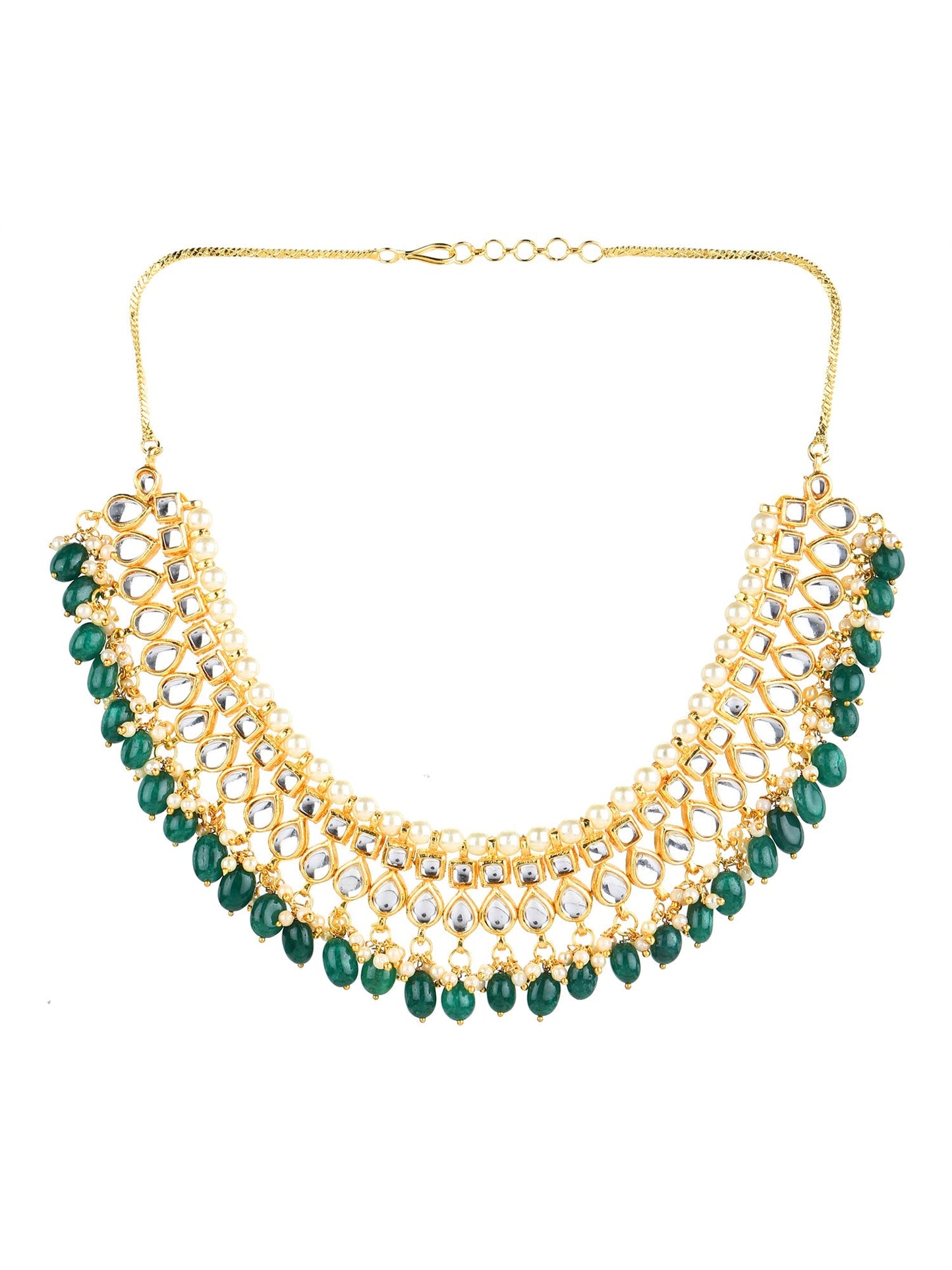 Gold-Polished Green Kundan Studded Brass Necklace - Ruby Raang | Swadesiicart
