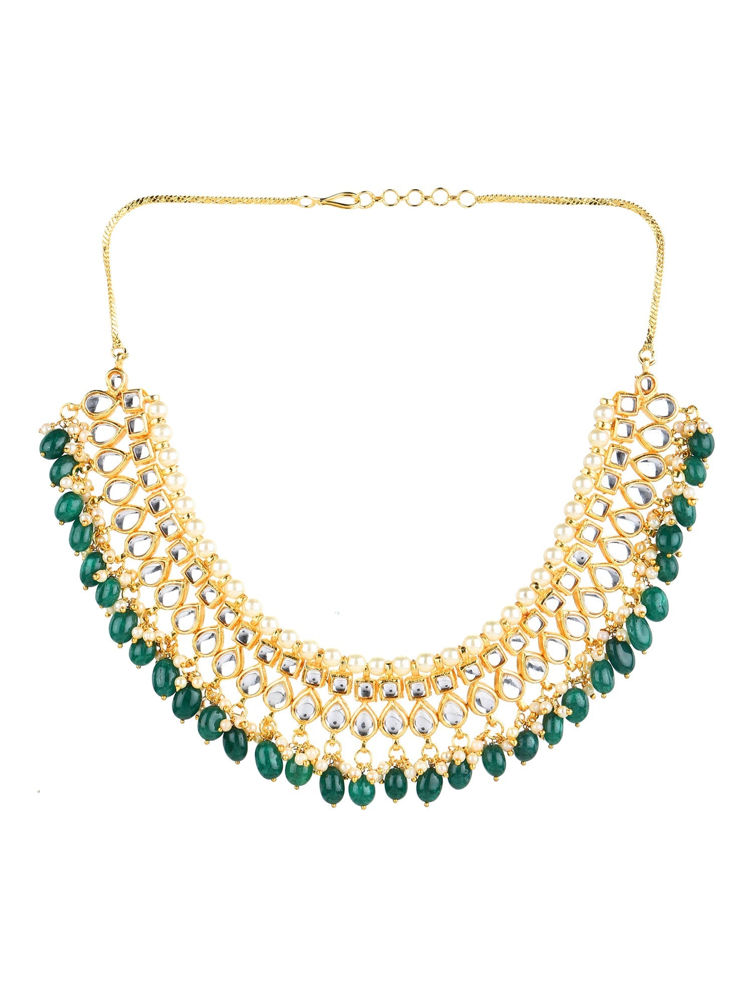 Gold-Polished Green Kundan Studded Brass Necklace - Ruby Raang | Swadesiicart