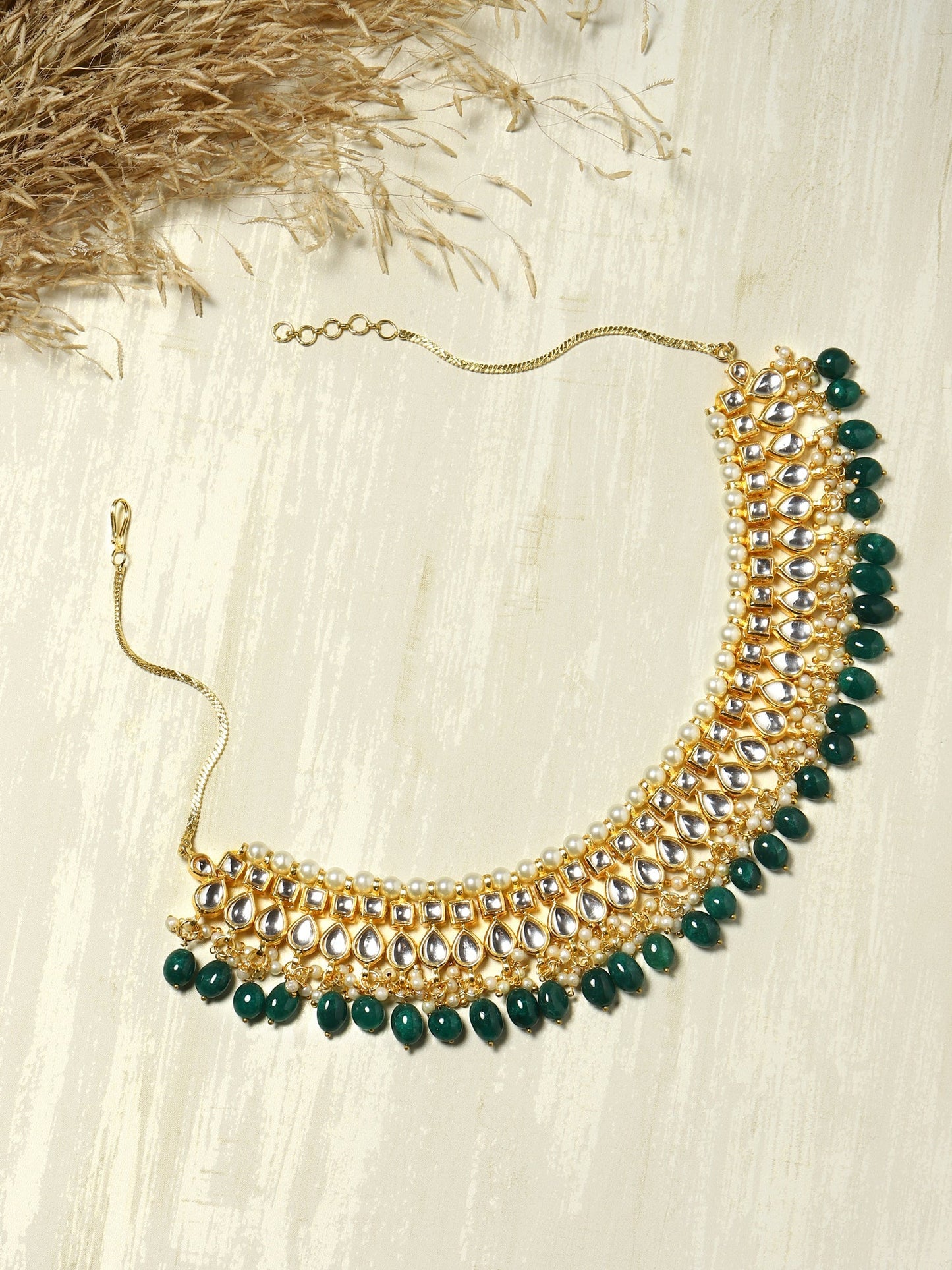 Gold-Polished Green Kundan Studded Brass Necklace - Ruby Raang | Swadesiicart