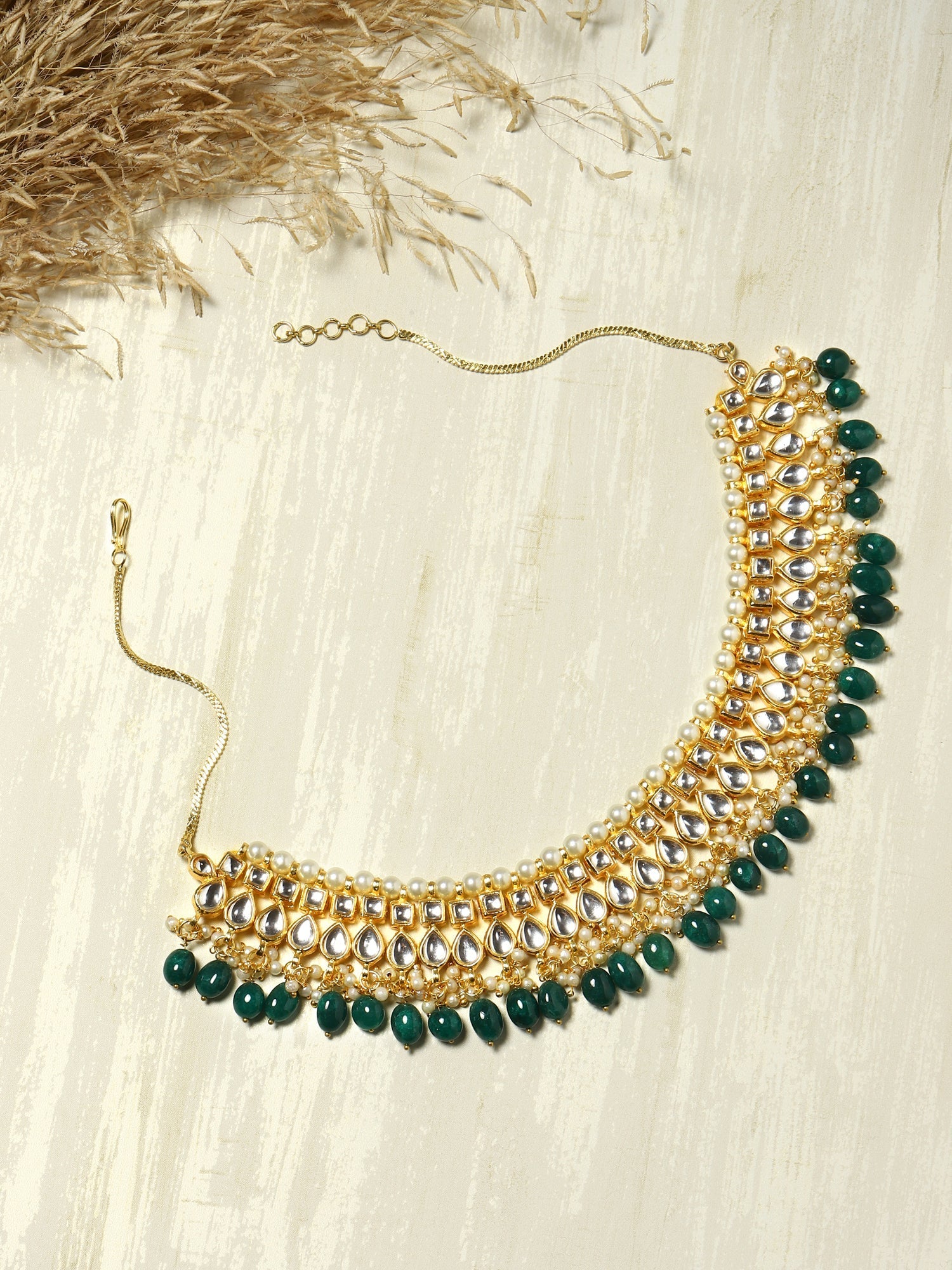 Gold-Polished Green Kundan Studded Brass Necklace - Ruby Raang | Swadesiicart