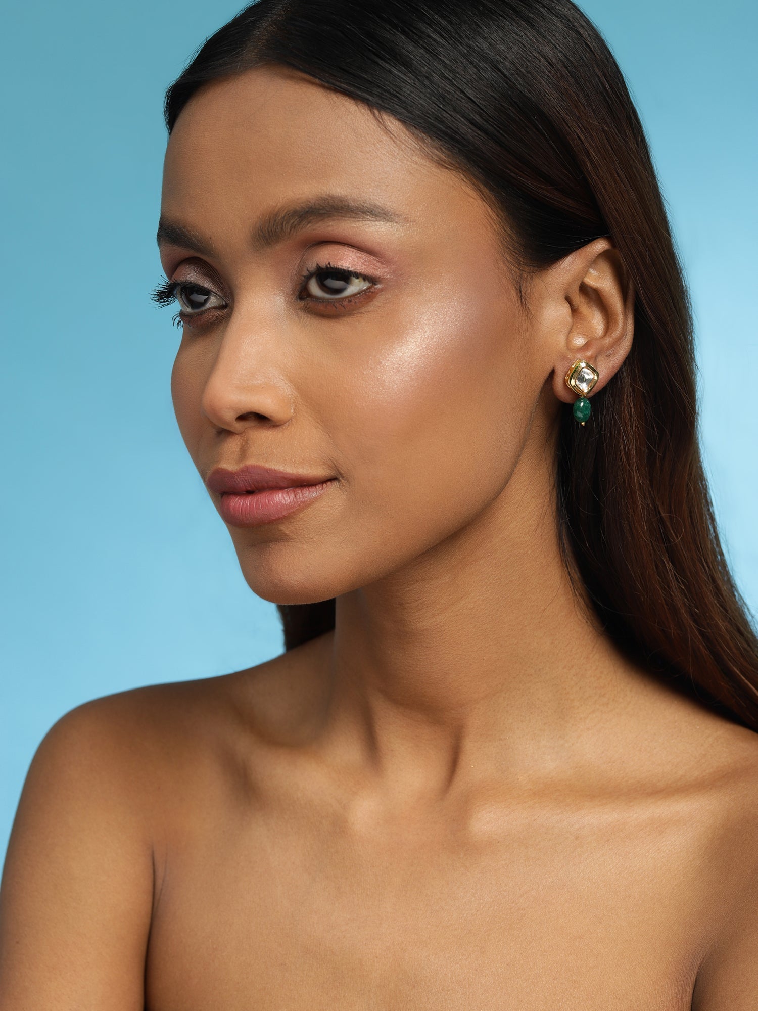 Women's Green Kundan Contemporary Drop Earrings - Ruby Raang - Swadesiicart