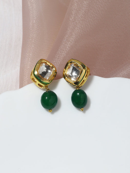 Women's Green Kundan Contemporary Drop Earrings - Ruby Raang - Ruby Raang Studio