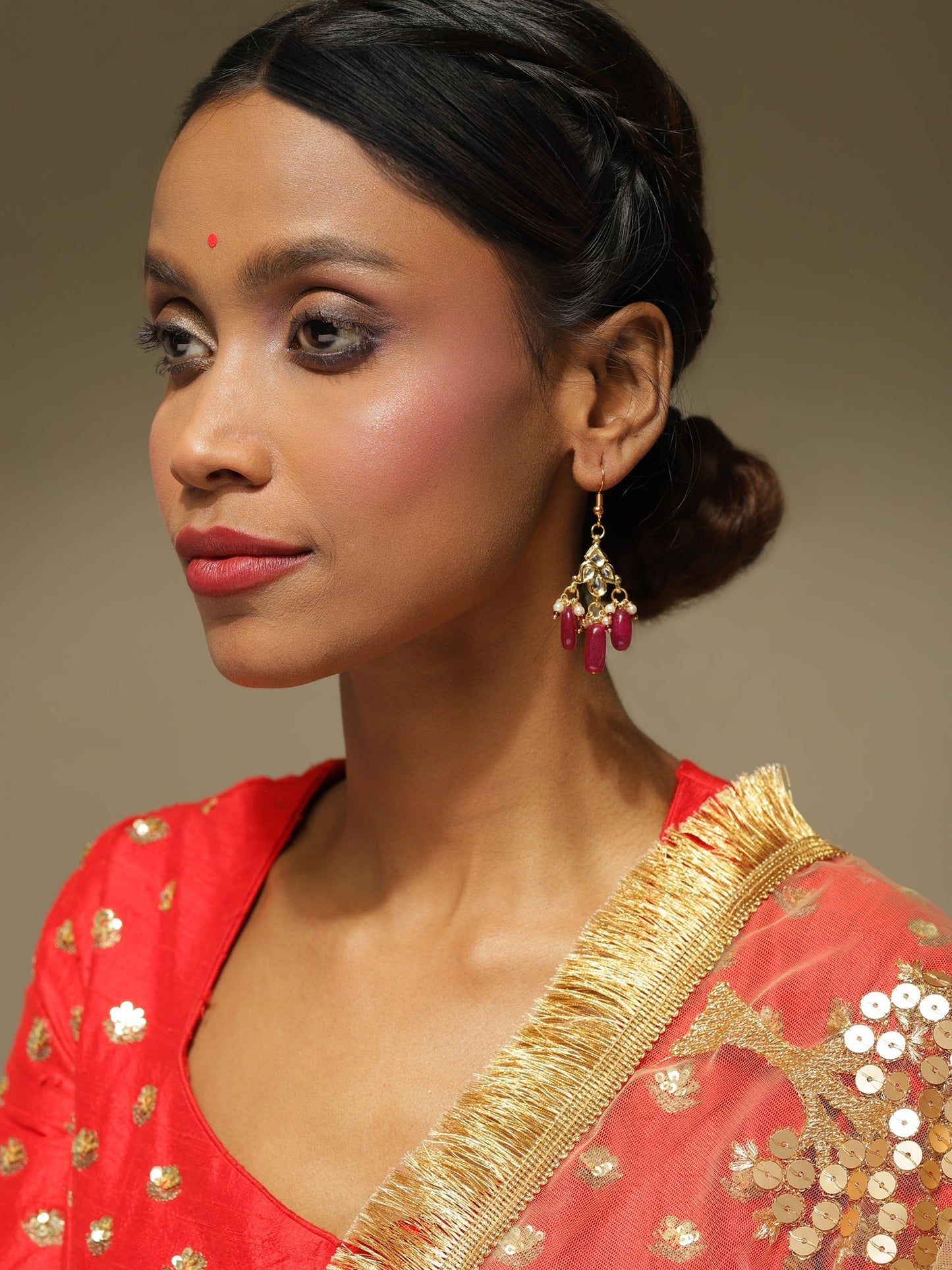Maroon Kundan Contemporary Drop Earrings - Ruby Raang | Swadesiicart