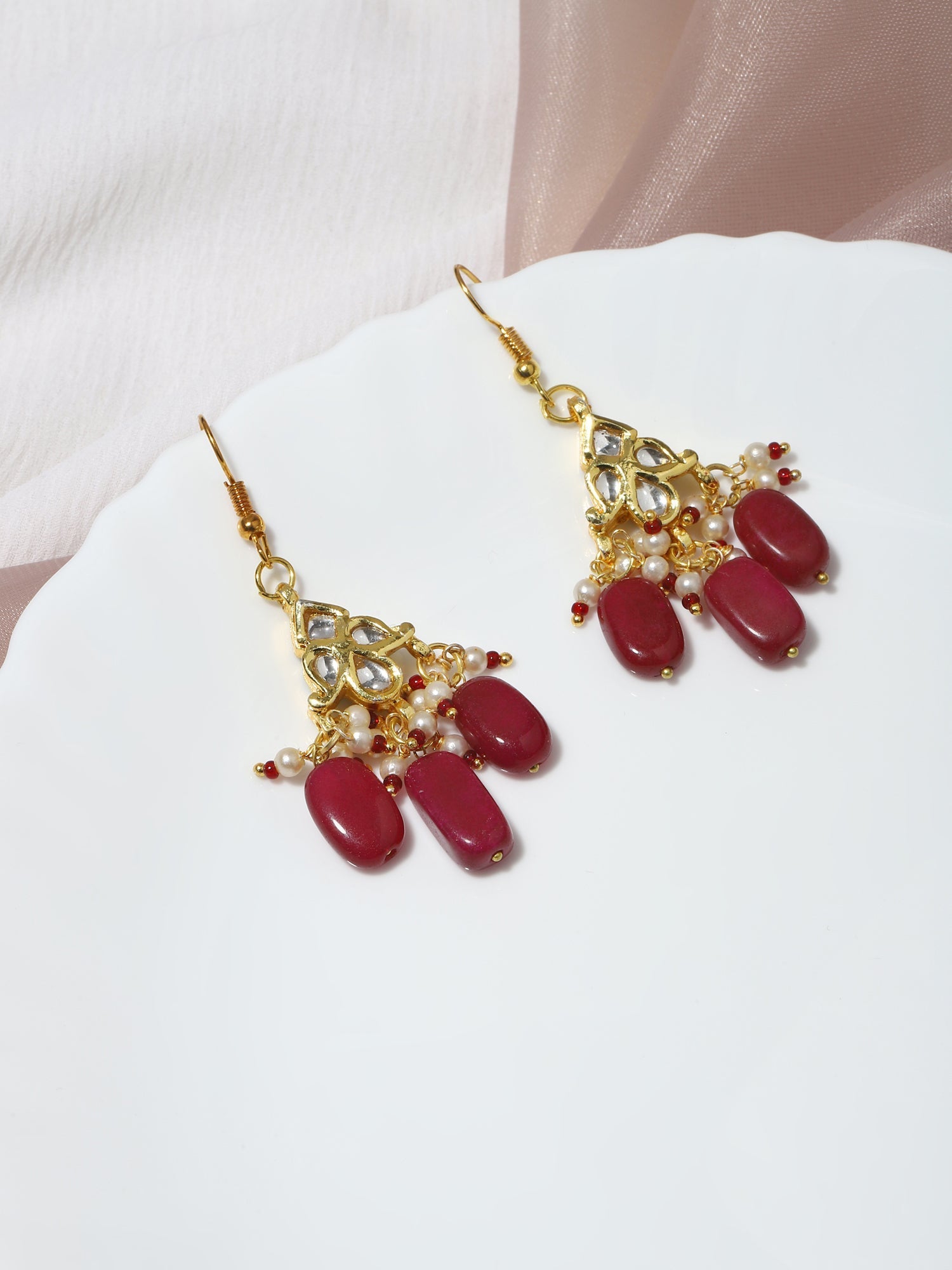 Maroon Kundan Contemporary Drop Earrings - Ruby Raang | Swadesiicart