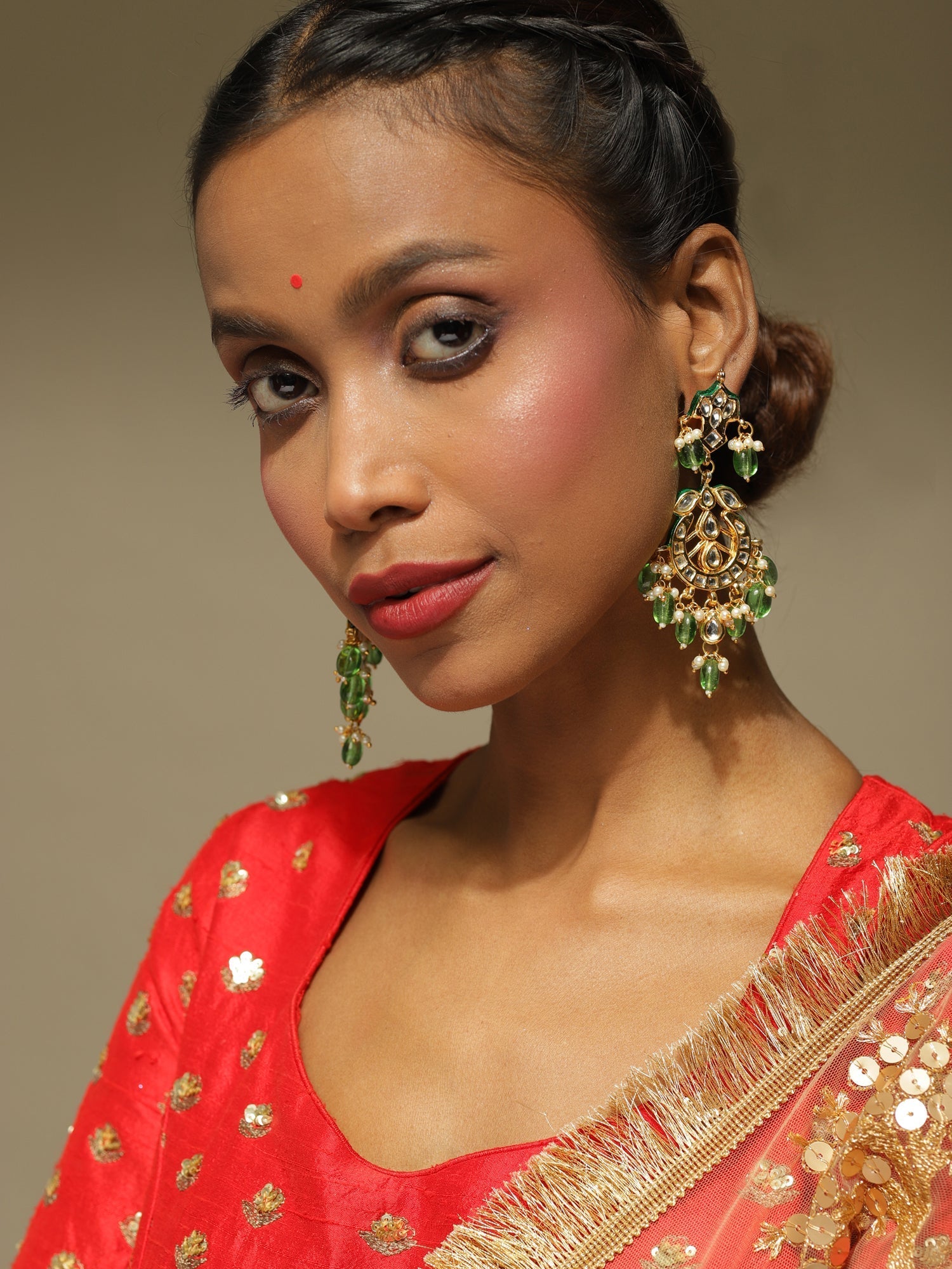 Green Gold-Polished Kundan Drop Earrings - Ruby Raang - Ruby Raang Studio