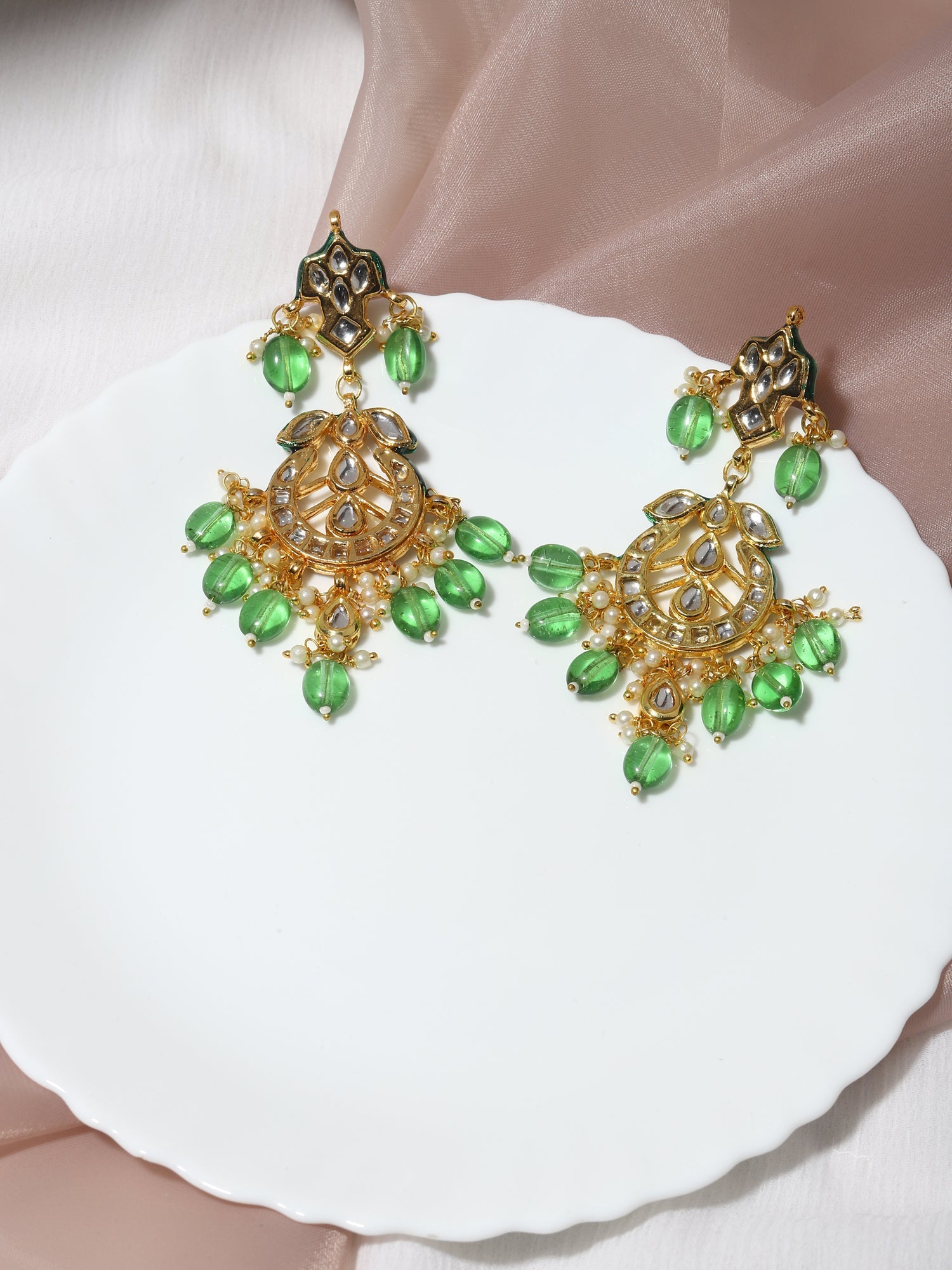 Green Gold-Polished Kundan Drop Earrings - Ruby Raang - Swadesiicart