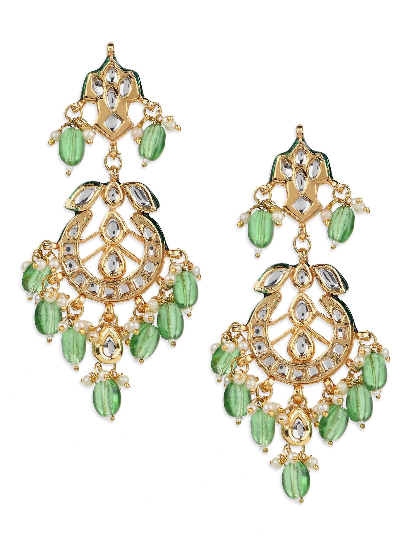 Green Gold-Polished Kundan Drop Earrings - Ruby Raang - Swadesiicart