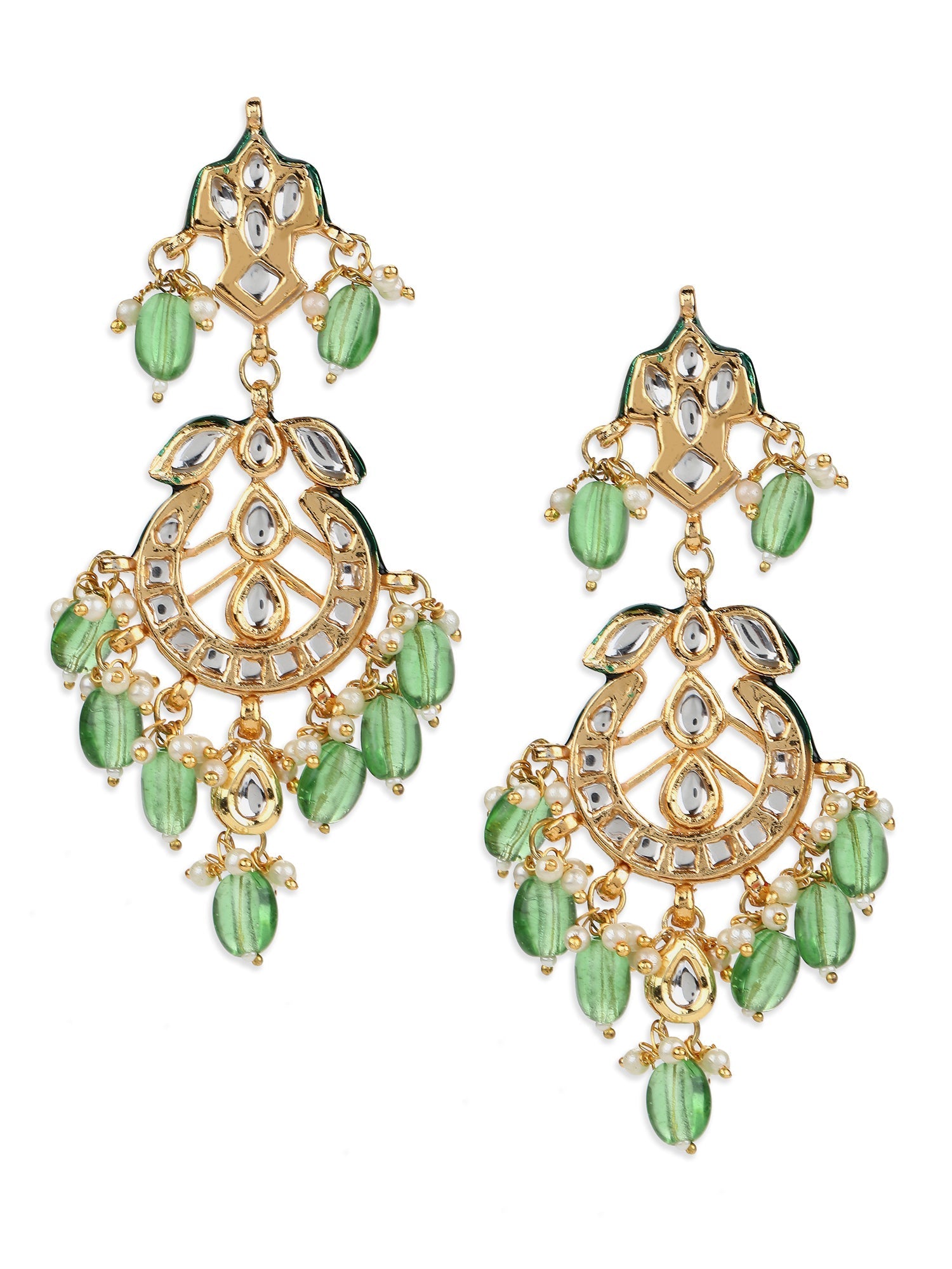 Green Gold-Polished Kundan Drop Earrings - Ruby Raang - Swadesiicart