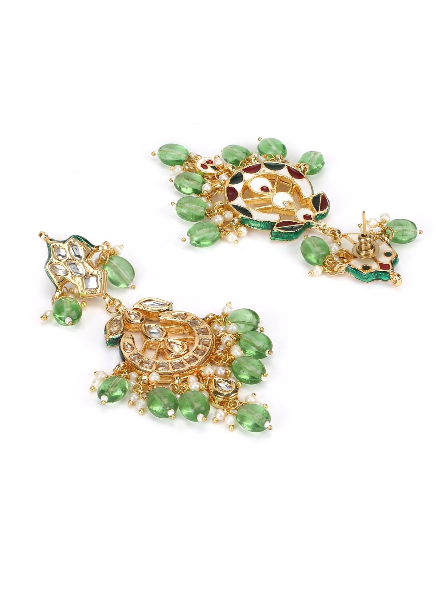 Green Gold-Polished Kundan Drop Earrings - Ruby Raang - Swadesiicart