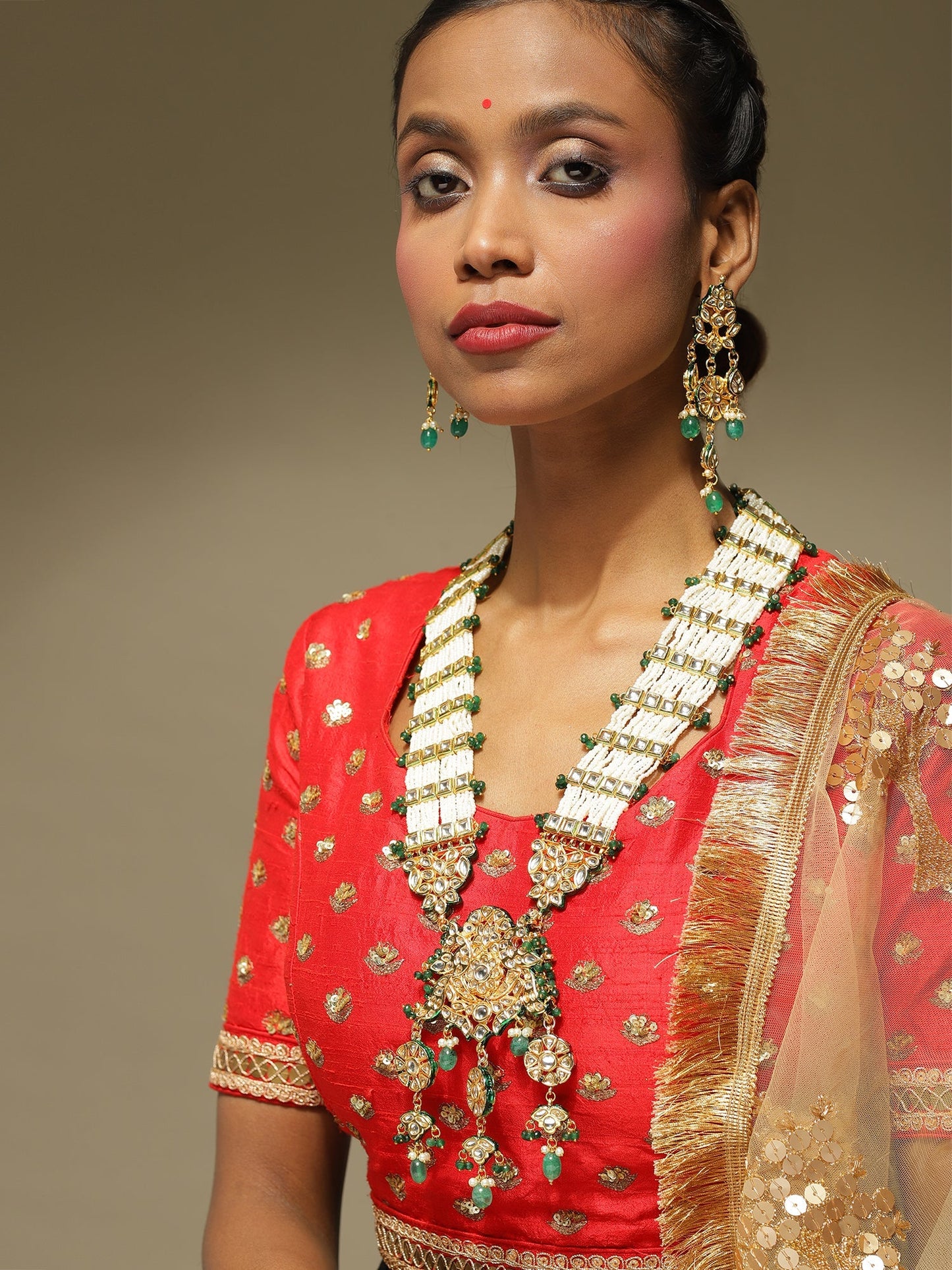 Gold-Polished White Green Kundan Studded Handcrafted Jewellery Set - Ruby Raang - Ruby Raang Studio