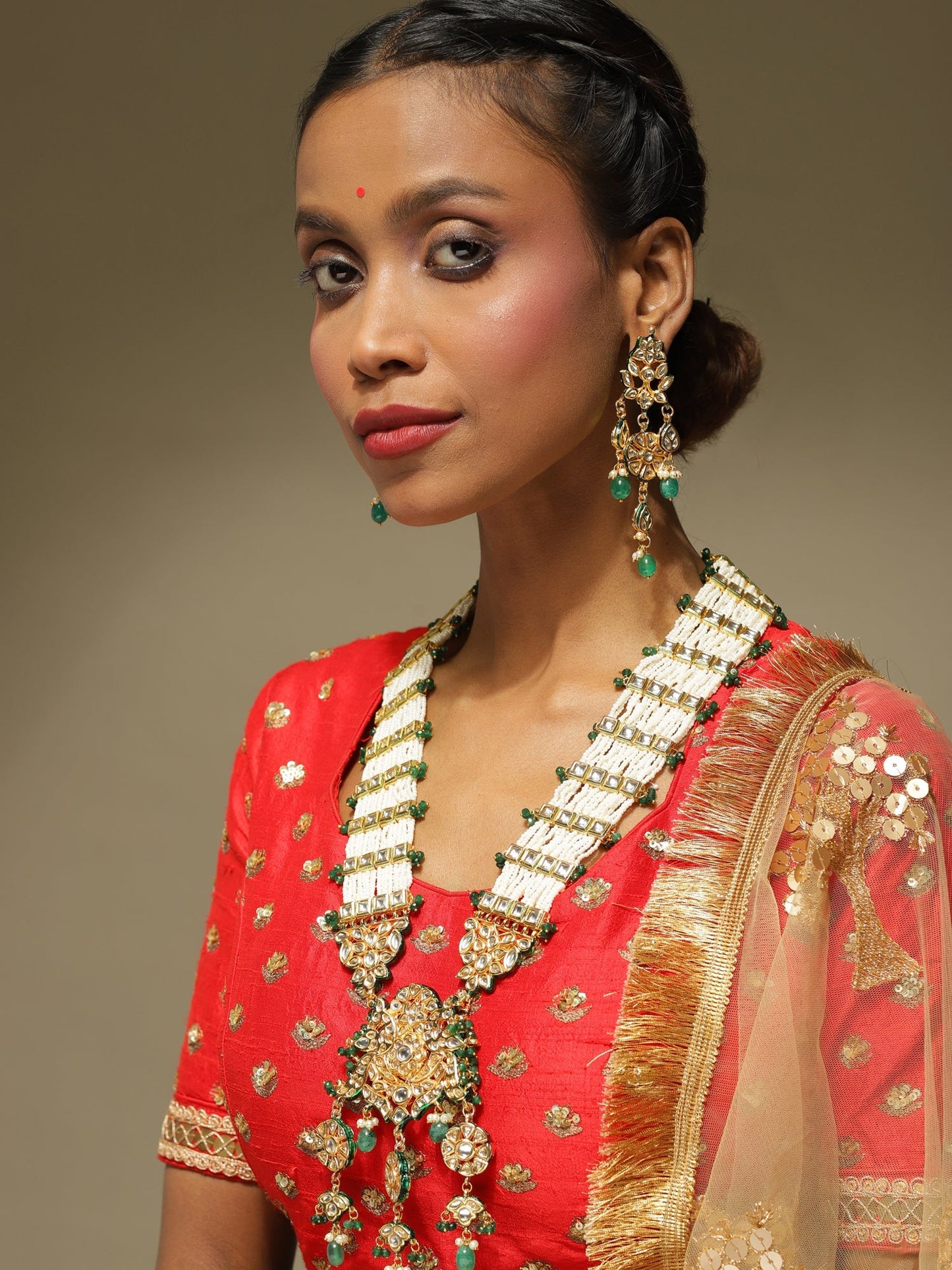Gold-Polished White Green Kundan Studded Handcrafted Jewellery Set - Ruby Raang - Swadesiicart
