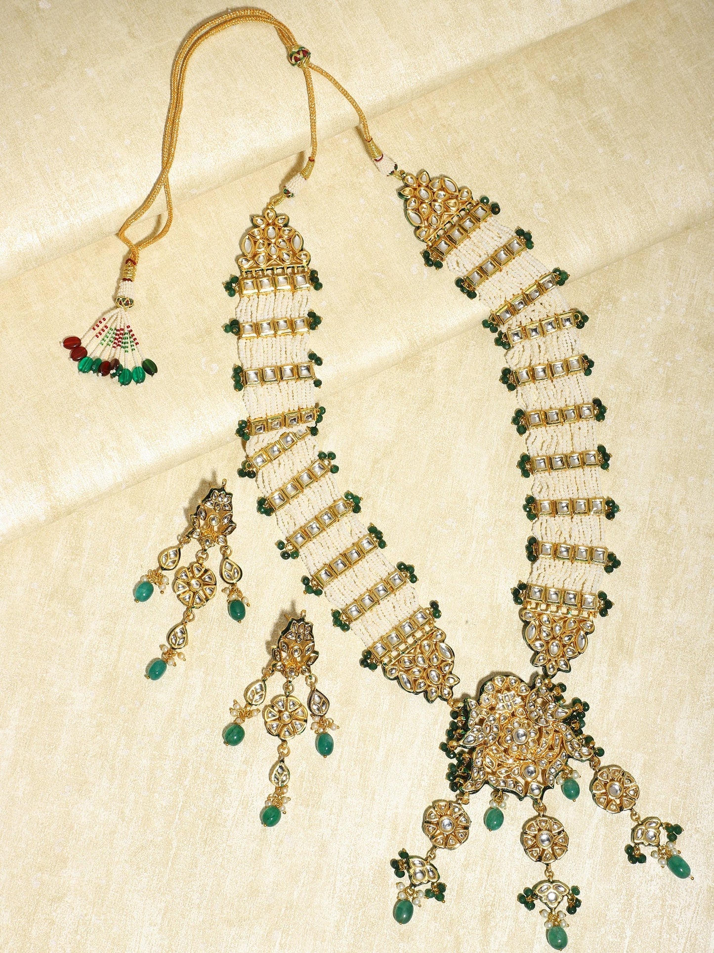 Gold-Polished White Green Kundan Studded Handcrafted Jewellery Set - Ruby Raang - Swadesiicart