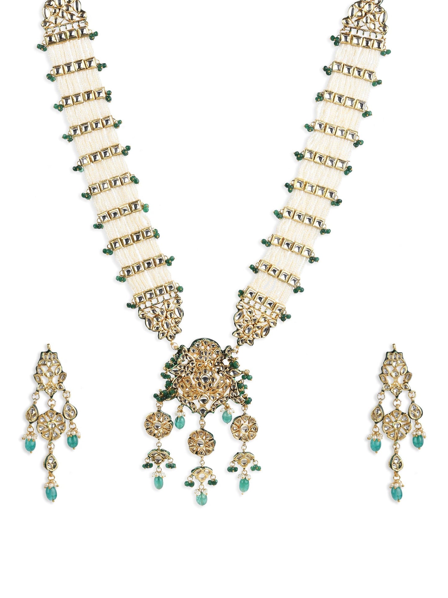 Gold-Polished White Green Kundan Studded Handcrafted Jewellery Set - Ruby Raang - Swadesiicart