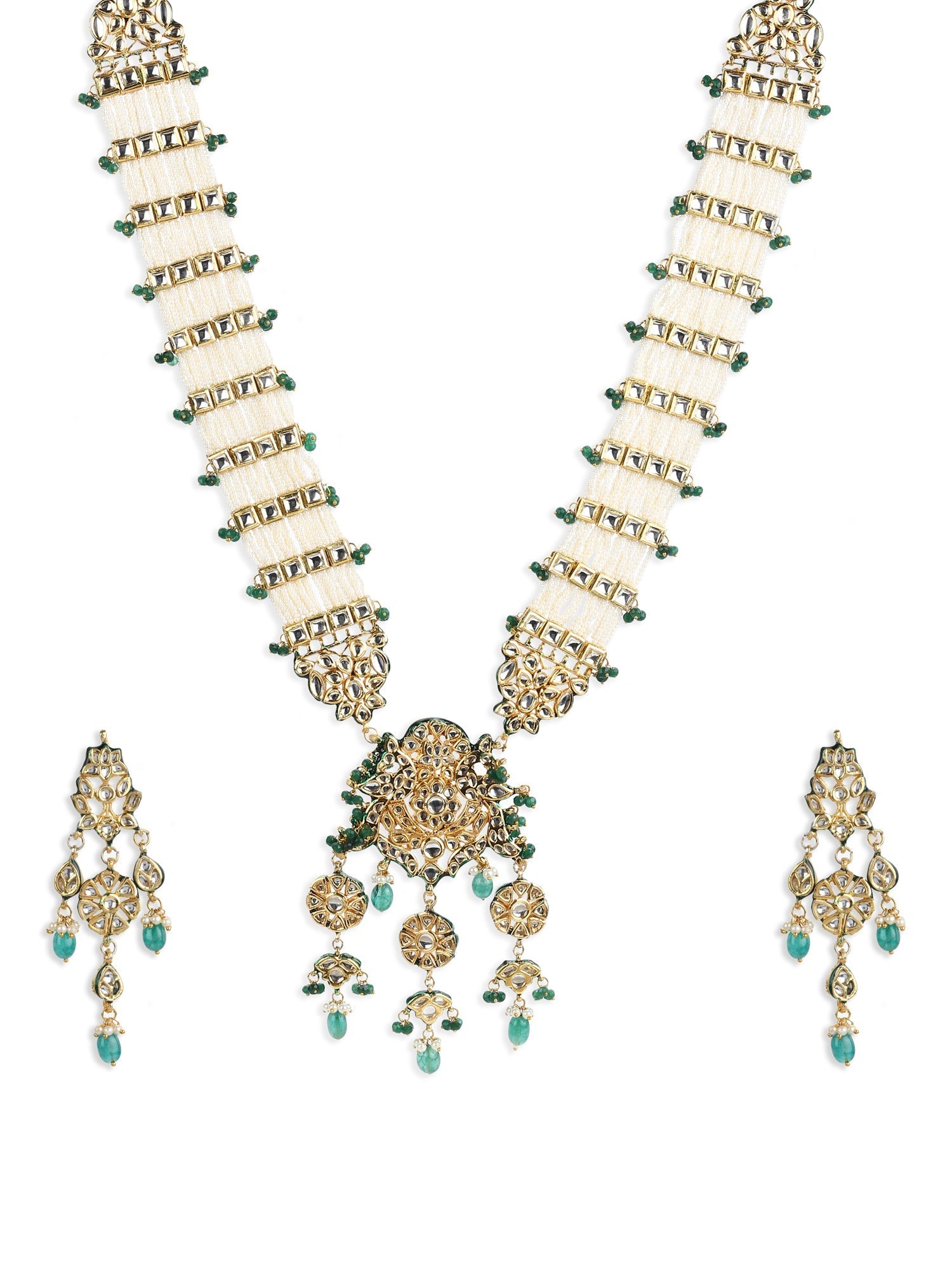 Gold-Polished White Green Kundan Studded Handcrafted Jewellery Set - Ruby Raang - Swadesiicart